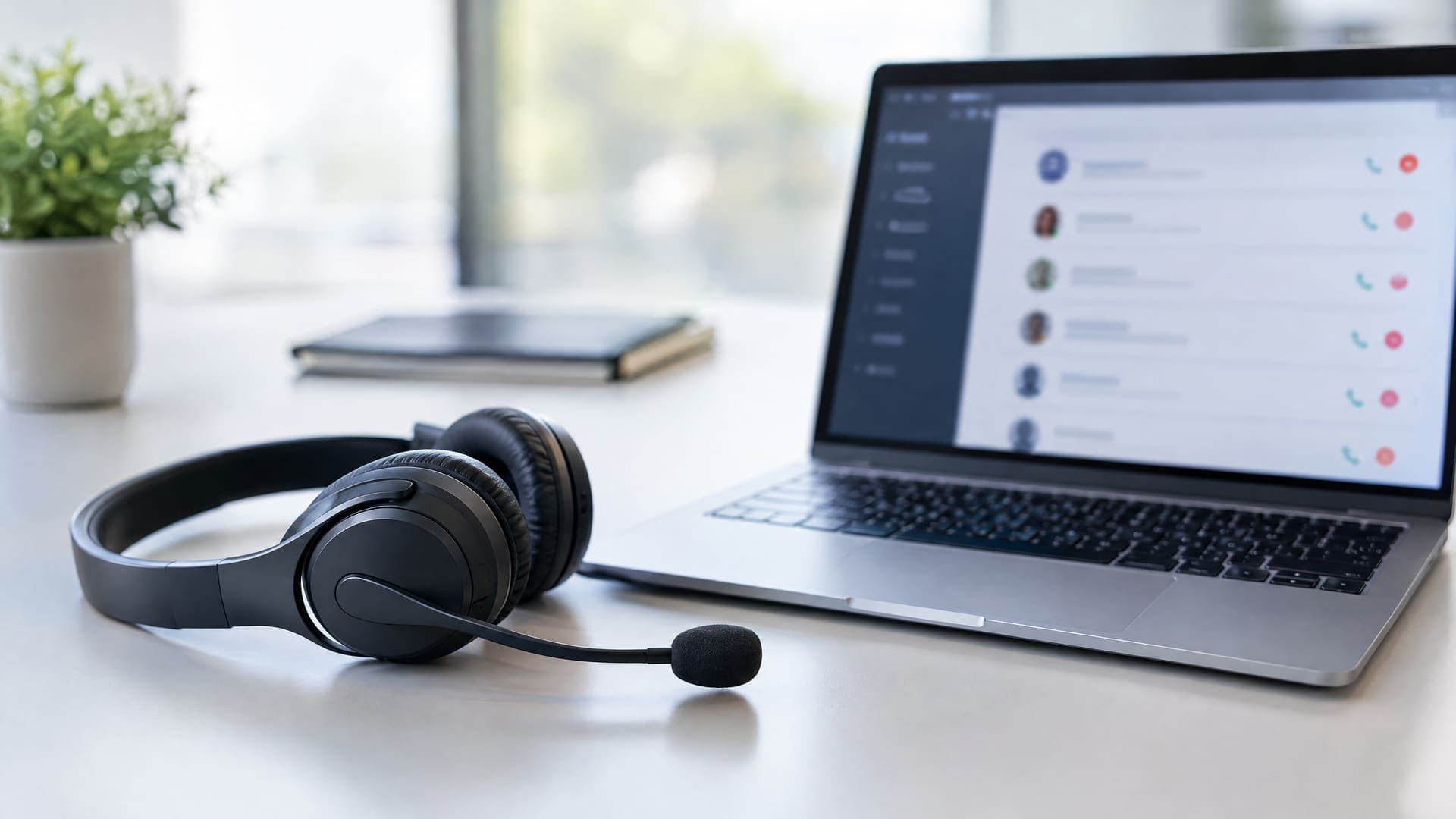 Headset neben einem Laptop mit unleserlicher Anrufliste auf dem Schreibtisch