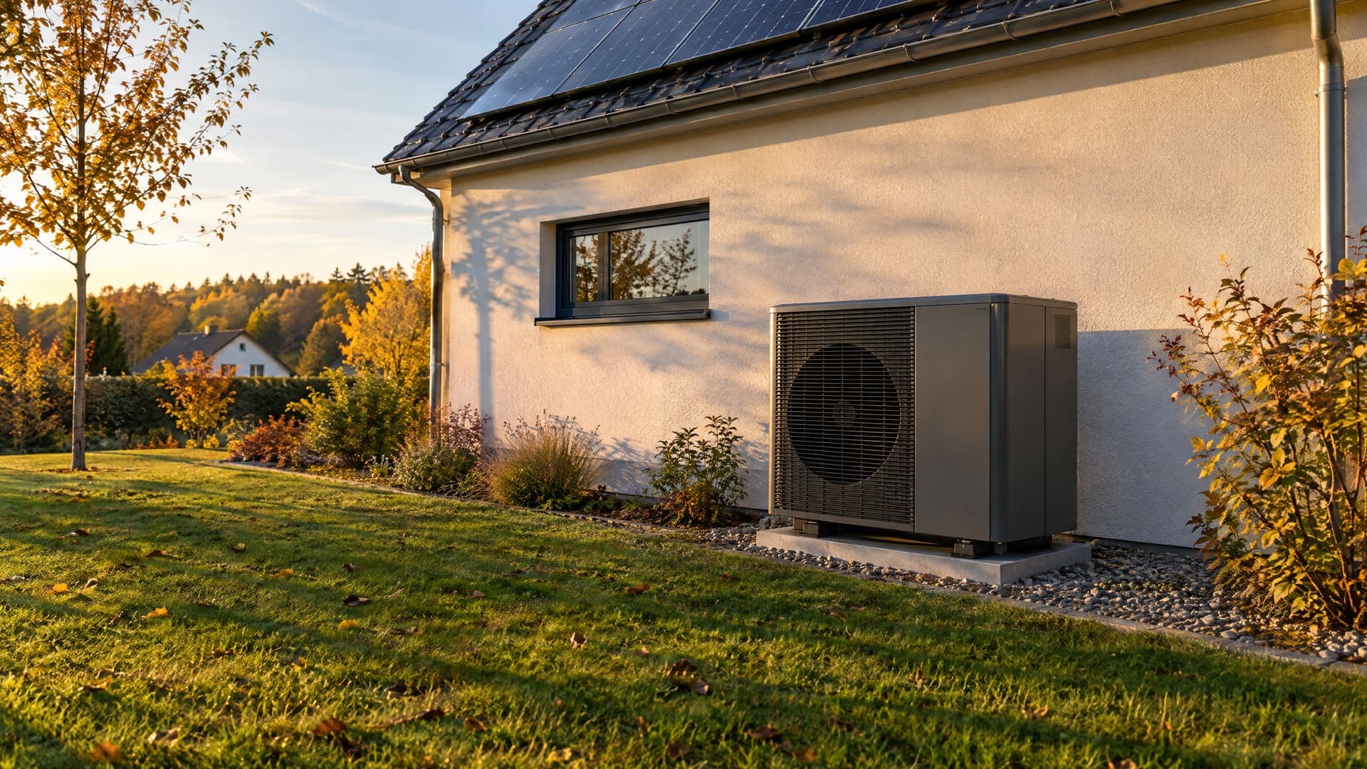Außeneinheit einer Wärmepumpe neben einem Haus in Brandenburg, darüber ein Dach mit Photovoltaik