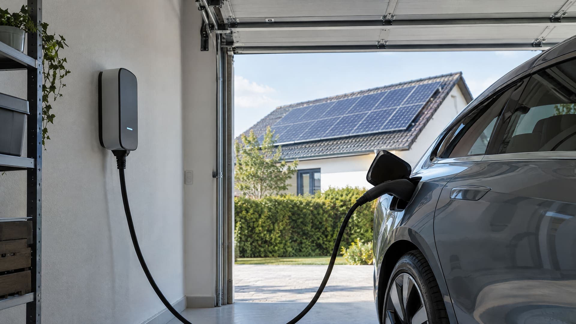 Wallbox lädt ein Elektroauto in einer Garage, draußen ein Haus mit Photovoltaikdach