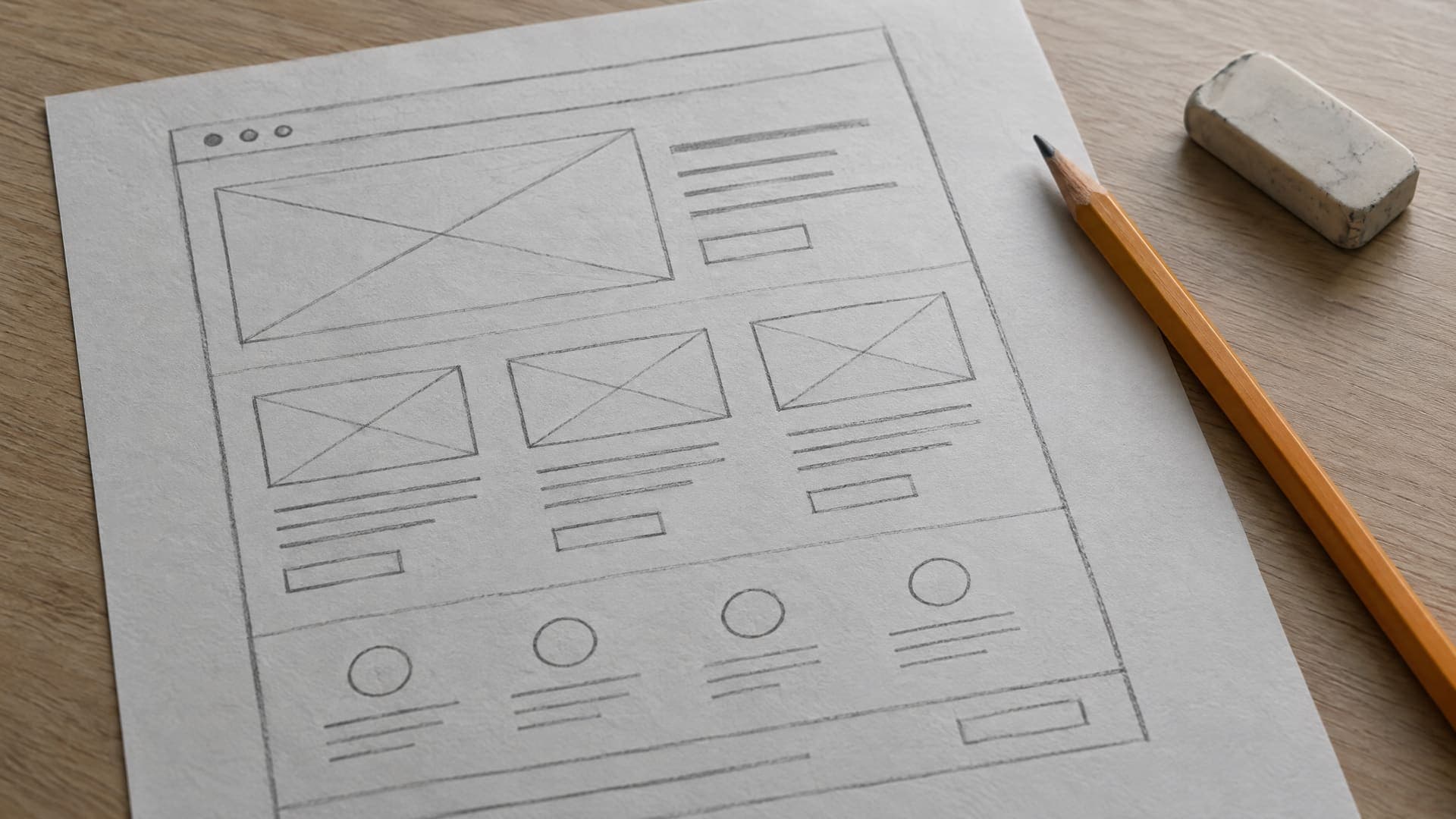Handgezeichneter Entwurf einer Webseite aus Kästen und Linien auf Papier, daneben ein Bleistift und ein Radiergummi auf einem Tisch, ohne lesbare Schrift