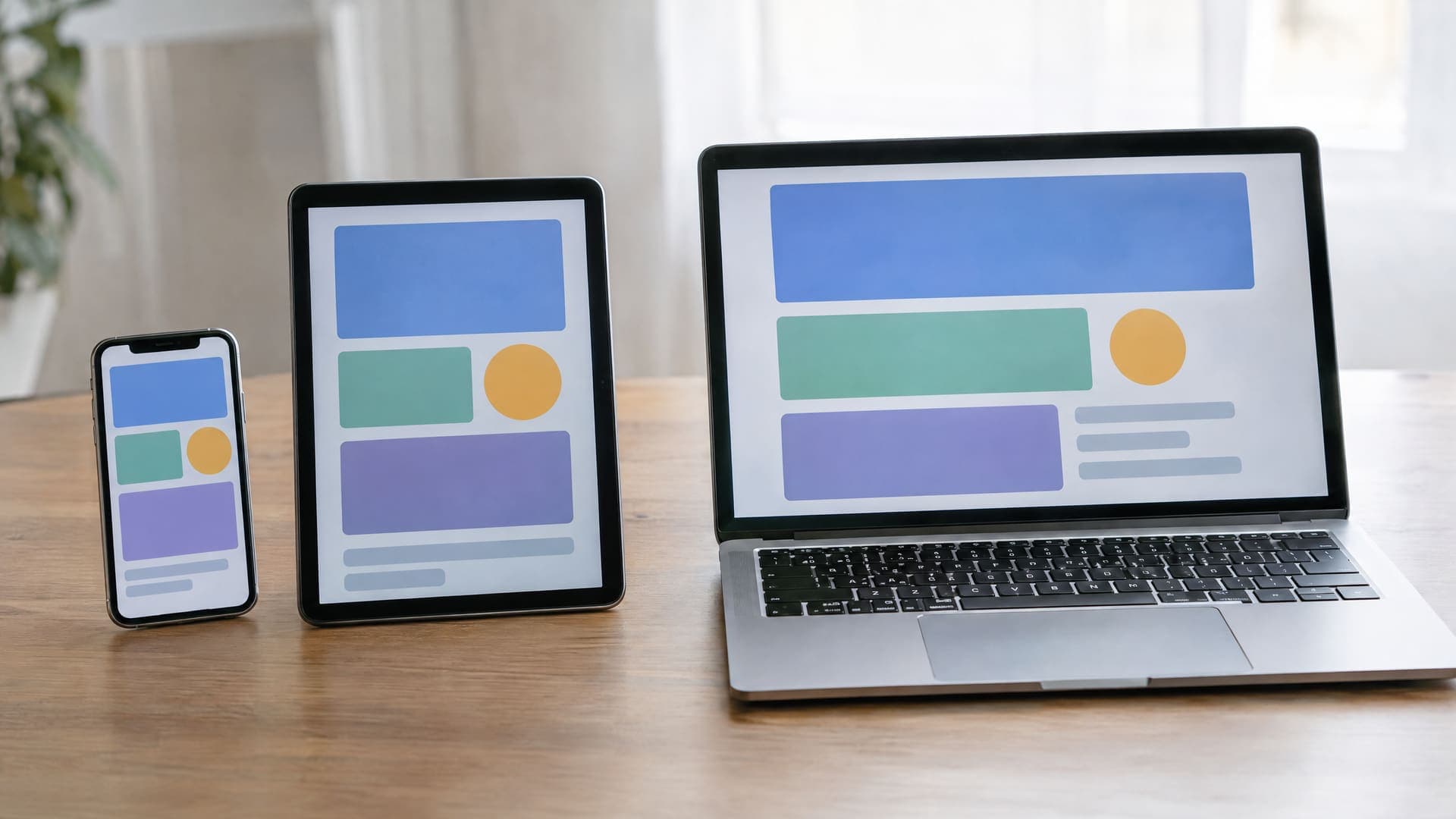 Smartphone, Tablet und Laptop nebeneinander auf einem Tisch, alle zeigen eine ähnliche abstrakte Seite aus Blöcken, Text unleserlich