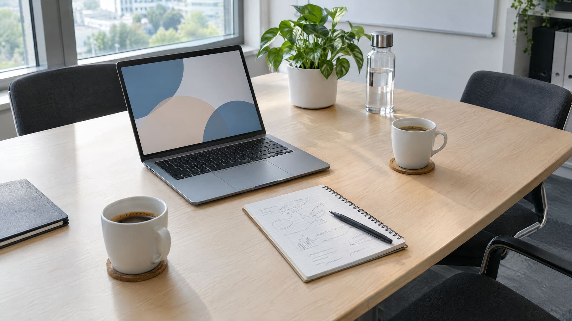 Aufgeklappter Laptop und ein Notizblock mit Stichpunkten auf einem Besprechungstisch, daneben zwei Kaffeetassen, im Hintergrund ein heller Büroraum, Schrift unleserlich