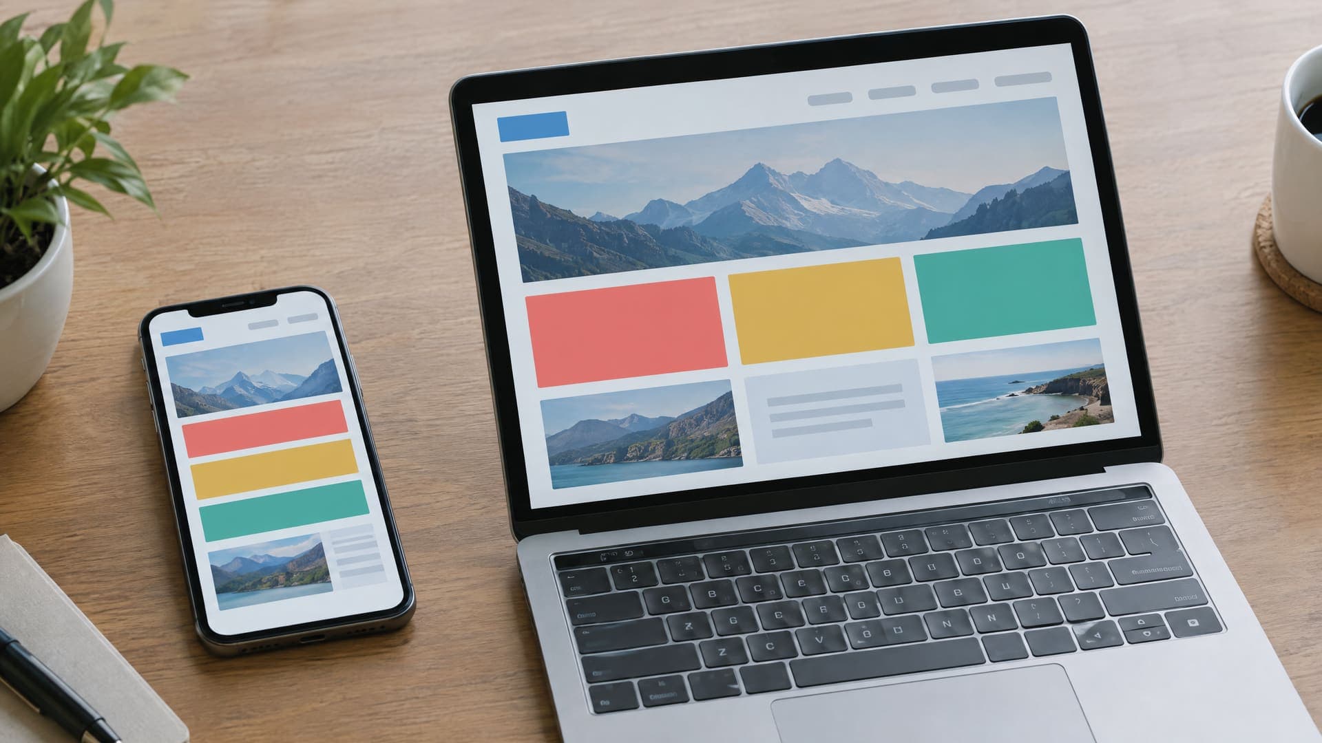 Smartphone und Laptop nebeneinander auf einem Schreibtisch, beide zeigen dieselbe abstrakte Webseite aus Blöcken und Bildflächen, Text unleserlich