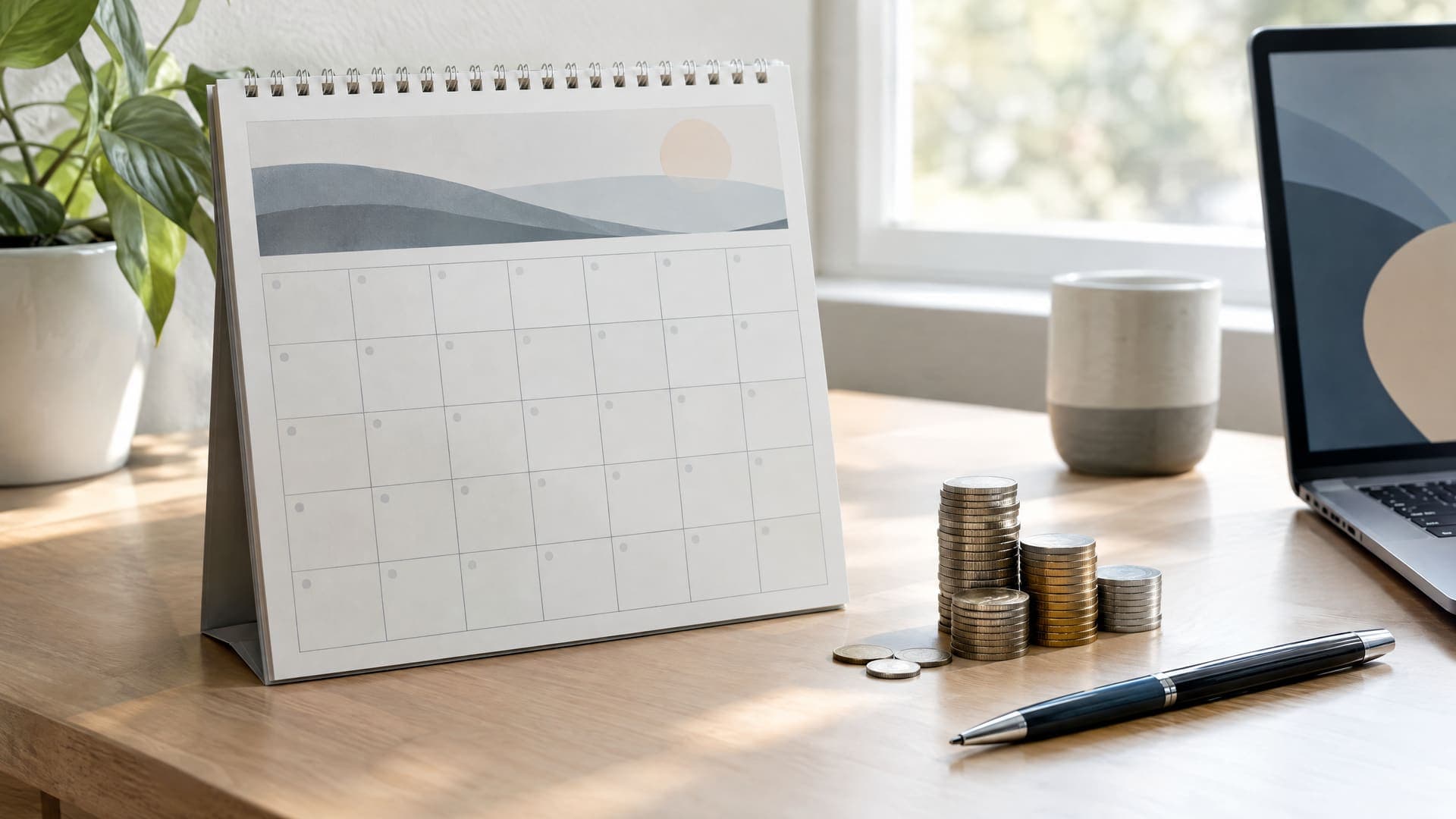 Wandkalender mit leeren Kästchen und ein Stapel Münzen auf einem Schreibtisch, daneben ein Stift, Zahlen unleserlich