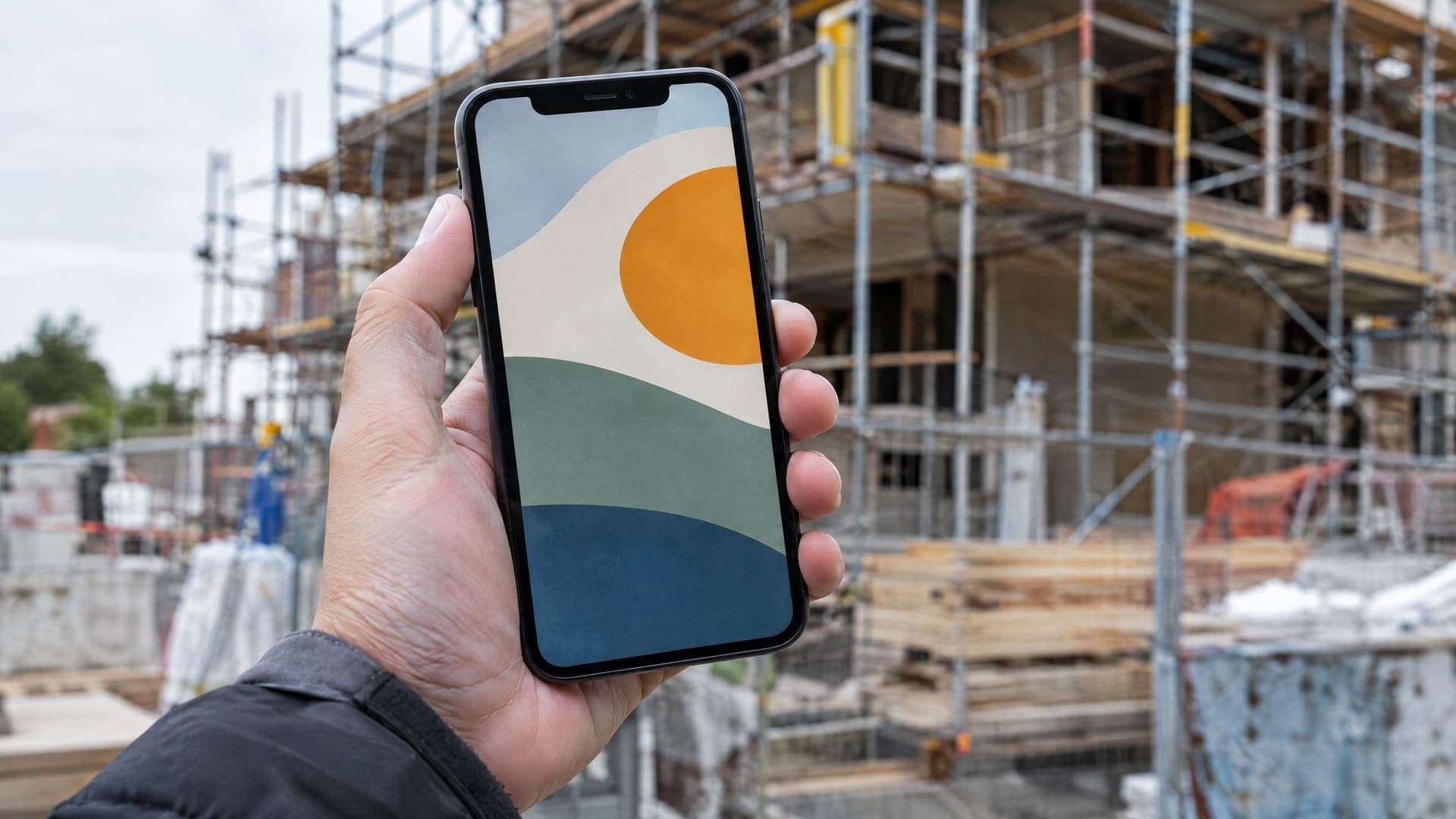 Hand hält ein Smartphone vor eine Baustelle mit Gerüst, auf dem Display eine abstrakte Formularansicht mit Feldern, Text unleserlich