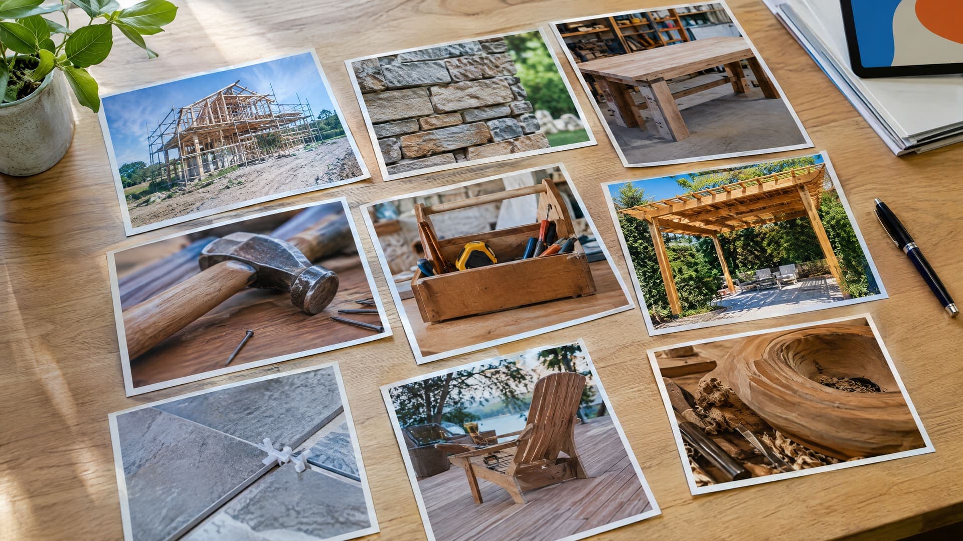 Mehrere ausgedruckte Fotos von Baustellen und Arbeitsergebnissen, auf einem Tisch sortiert, dazu ein Stift, ohne erkennbare Personen