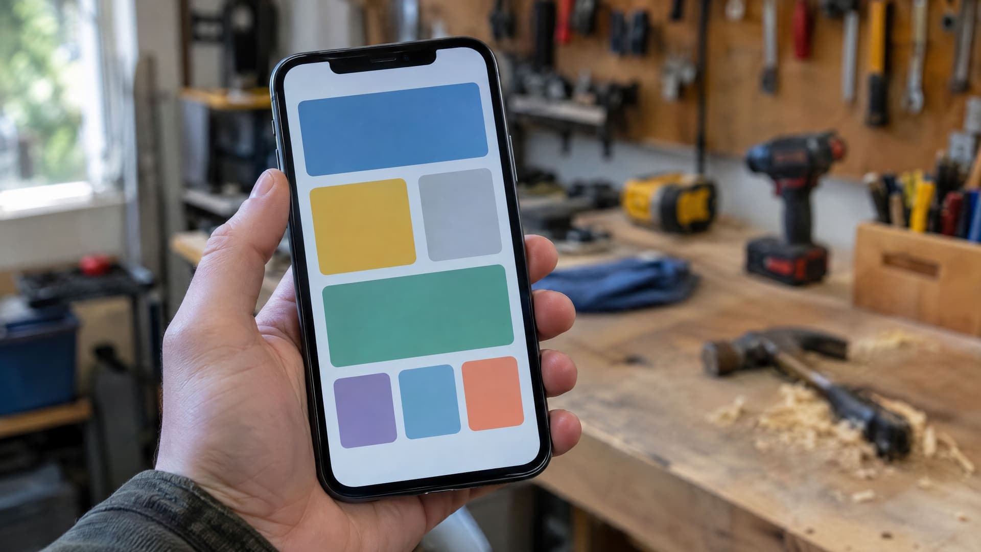 Hand hält ein Smartphone vor eine Werkstatt, auf dem Display eine abstrakte Webseite aus Blöcken, im Hintergrund unscharf Werkbank und Werkzeug, Text unleserlich
