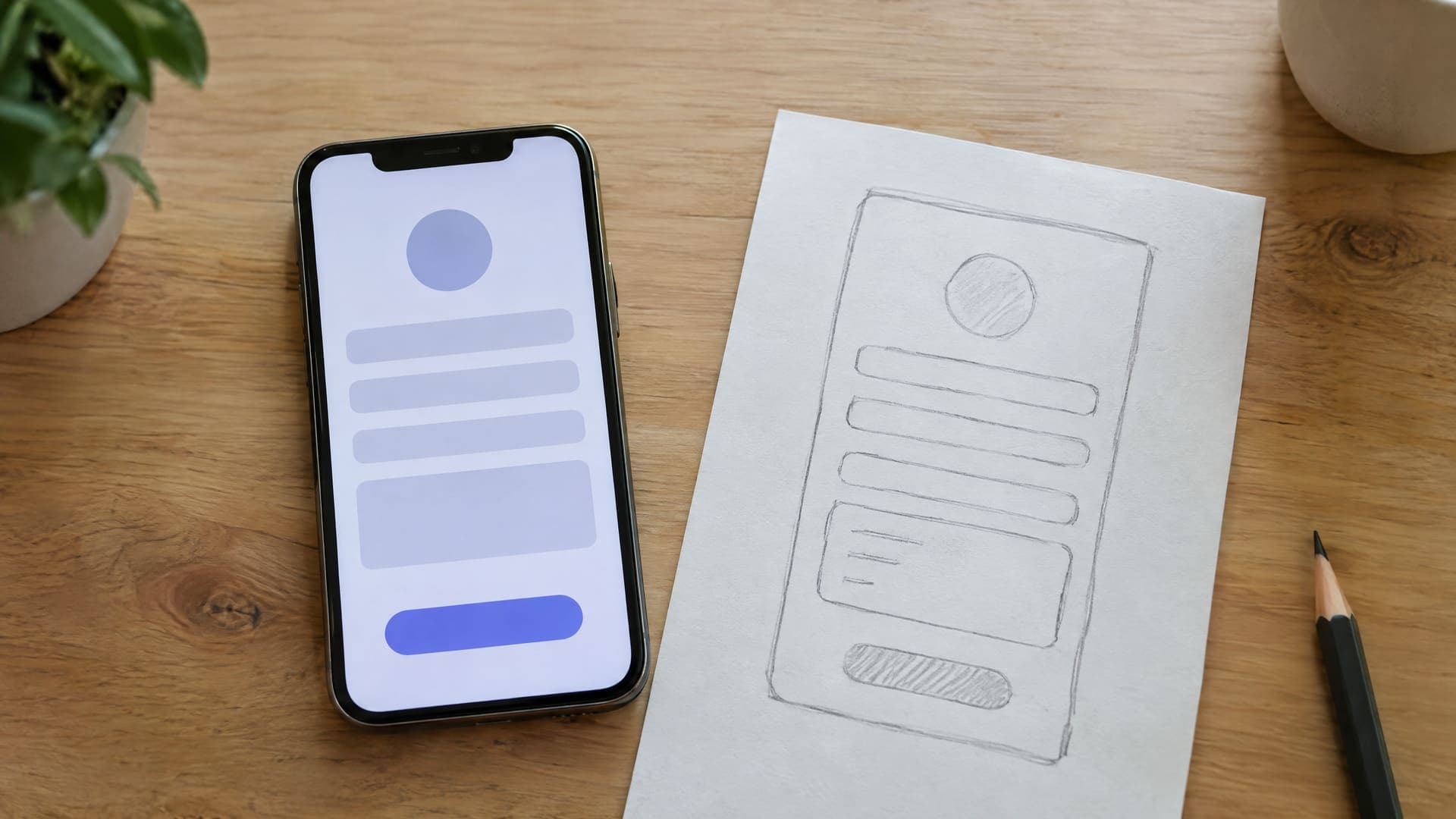 Smartphone zeigt ein abstraktes Formular mit mehreren Feldern und einem Button, daneben eine Papierskizze auf einem Tisch, Text unleserlich