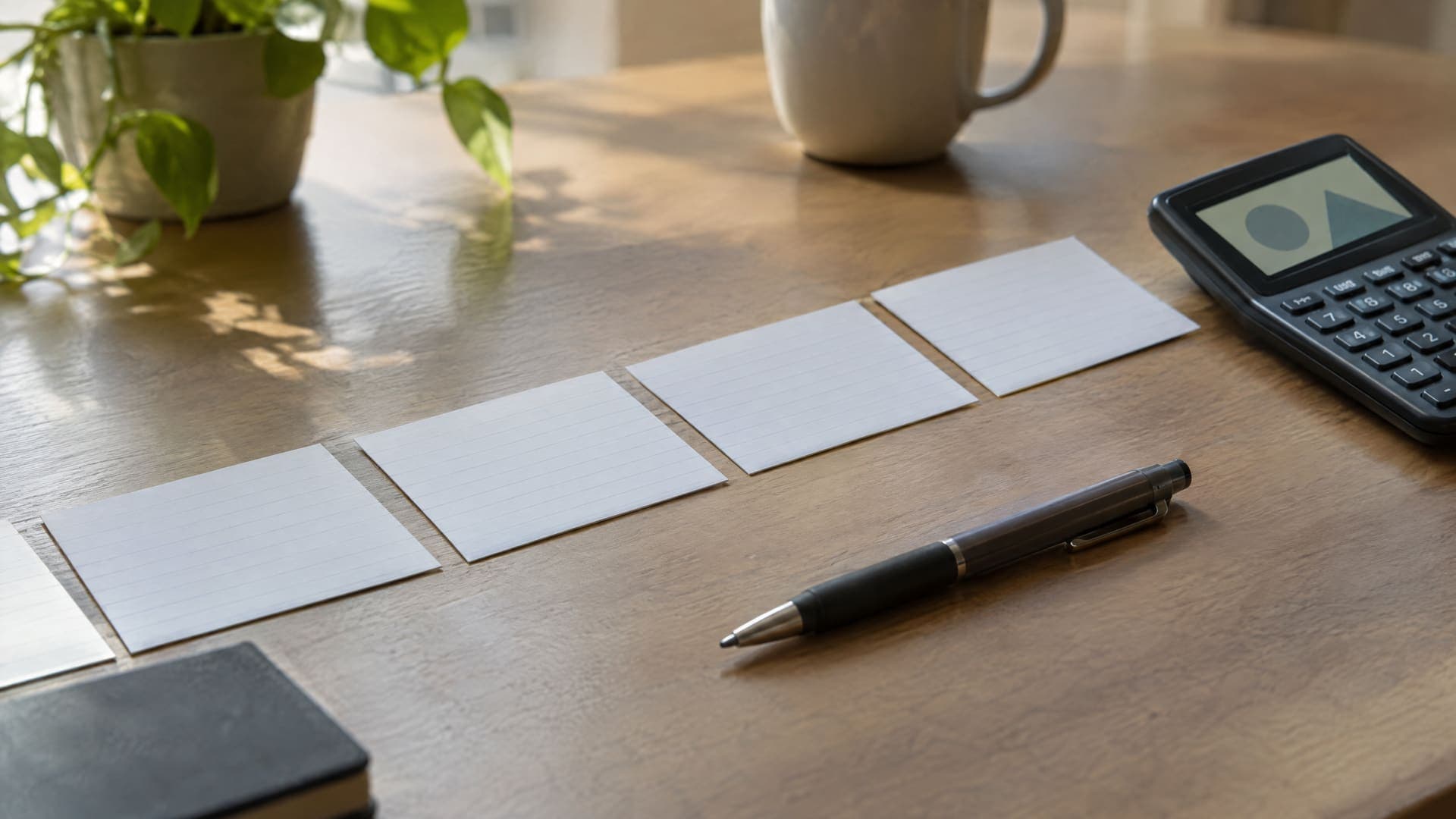 Mehrere leere Karteikarten, in einer Reihe auf einem Tisch angeordnet, daneben ein Stift und ein Taschenrechner, ohne lesbare Schrift