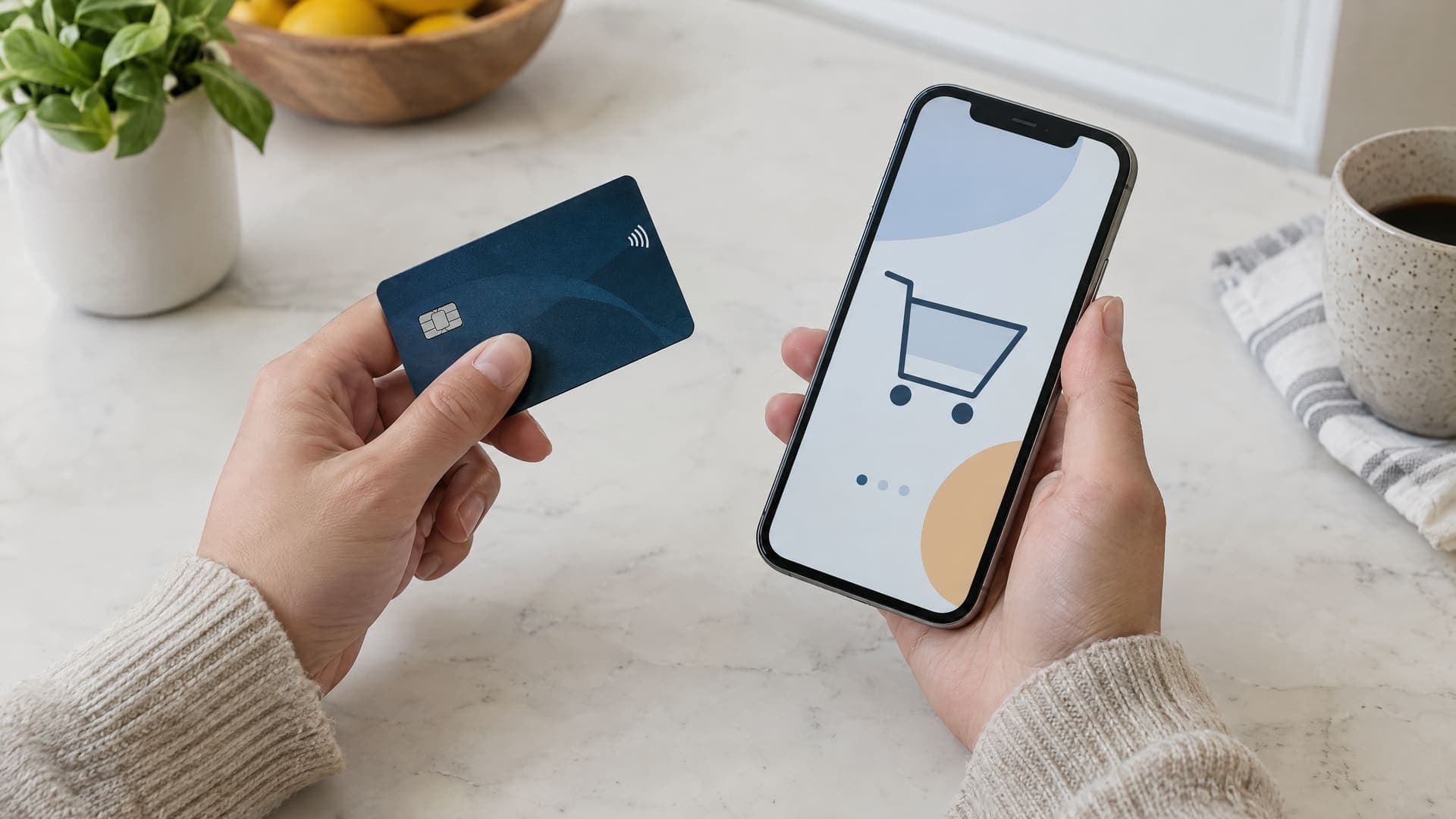 Hand hält eine Bankkarte neben einem Smartphone, auf dem Display eine abstrakte Warenkorbansicht, helle Küchenarbeitsplatte, keine lesbaren Zahlen