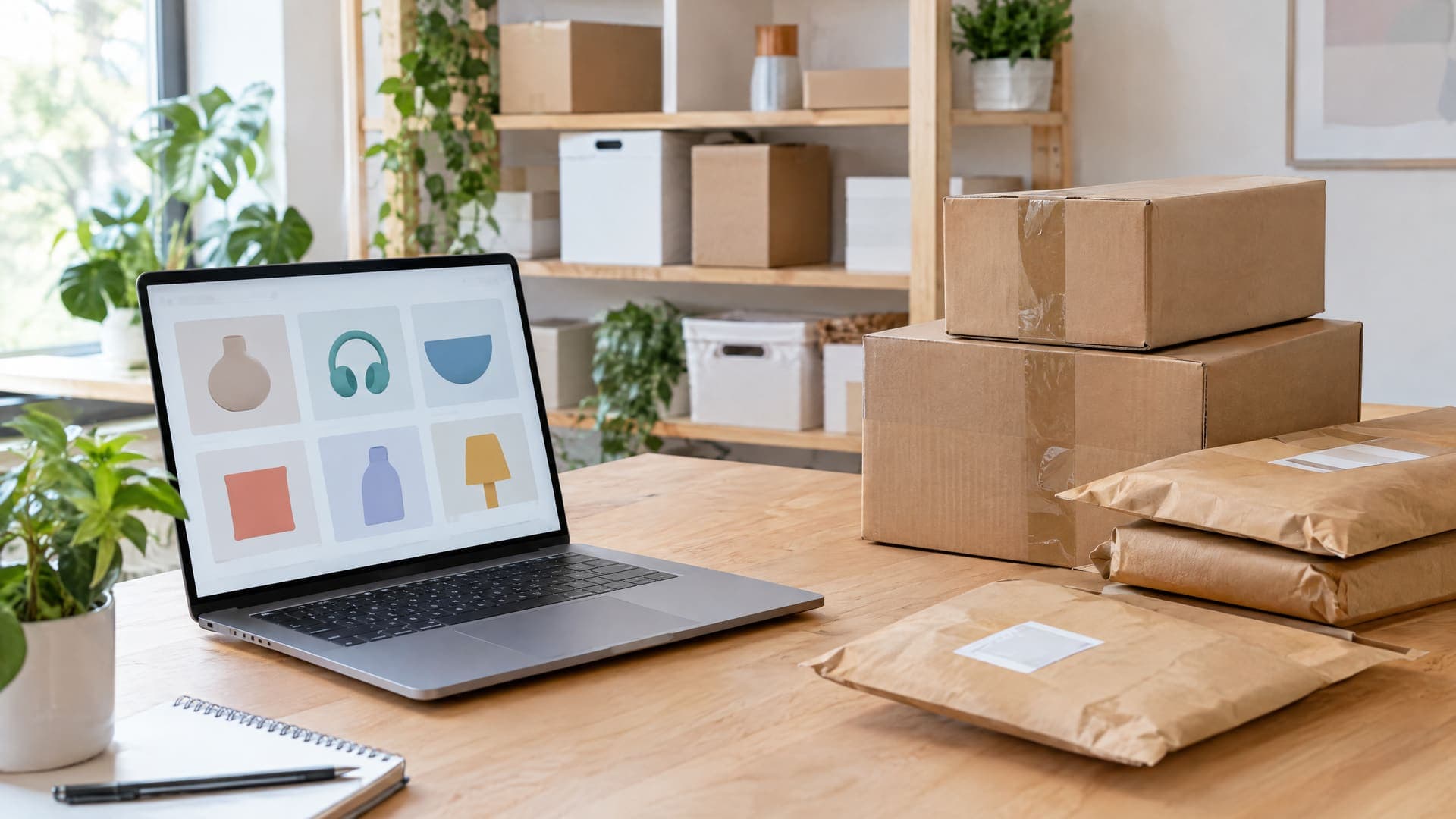 Versandbereit gepackte Pakete auf einem Tisch vor einem Regal, daneben ein geöffneter Laptop mit einer abstrakten Produktübersicht, Text unleserlich