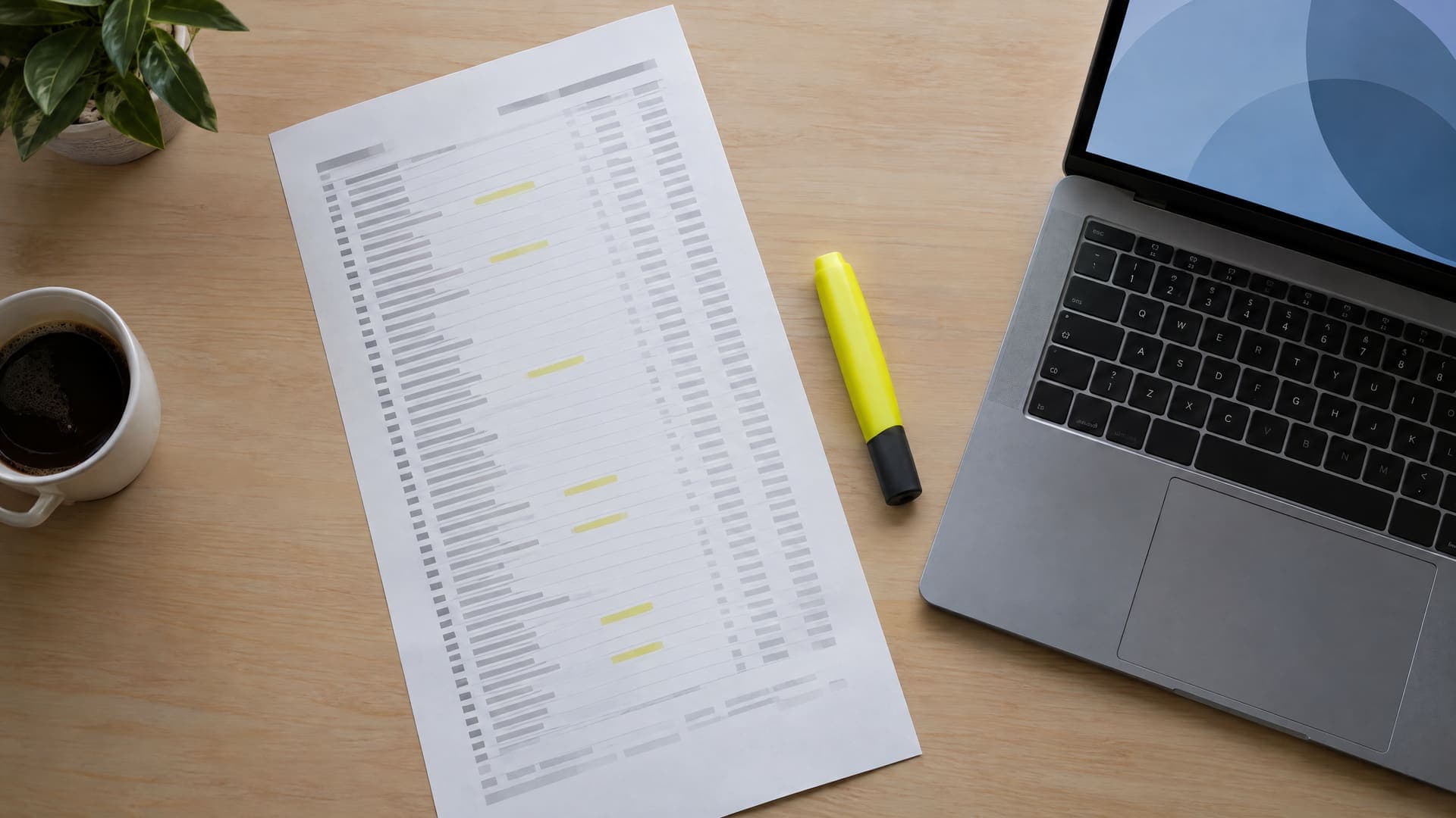 Ausgedruckte lange Liste mit Zeilen und ein gelber Textmarker auf einem Schreibtisch, daneben ein Laptop, Schrift unleserlich