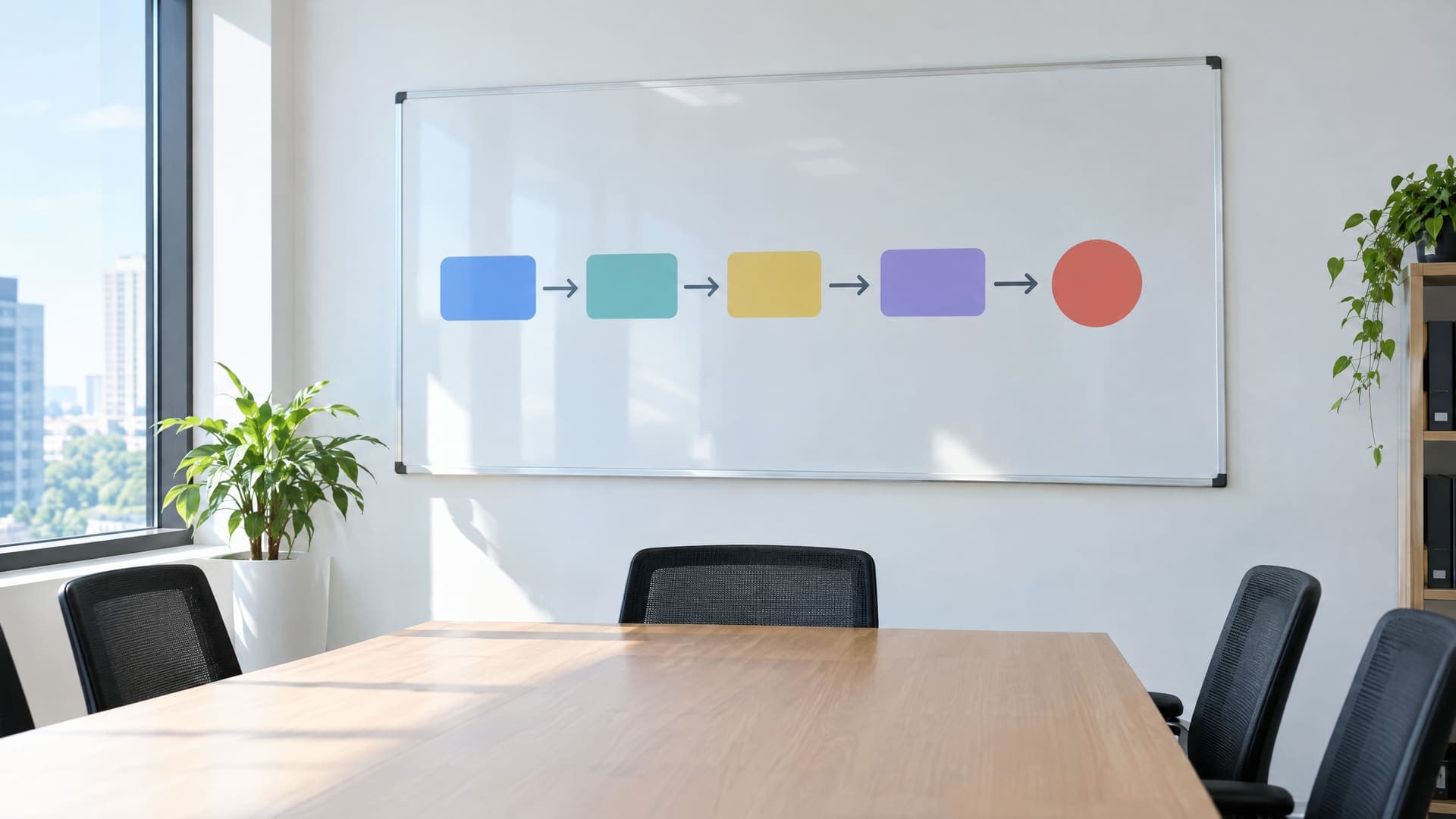 Whiteboard in einem hellen Büro mit einer Reihe von Kästen und Pfeilen als Ablaufplan, davor ein leerer Tisch, Schrift unleserlich