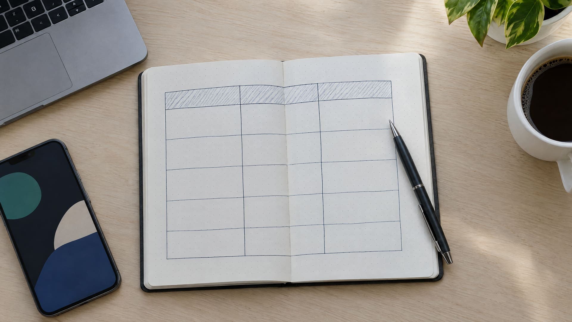 Aufgeschlagenes Notizbuch mit einer in drei Spalten geteilten handgezeichneten Tabelle, daneben ein Stift, Gekritzel unleserlich
