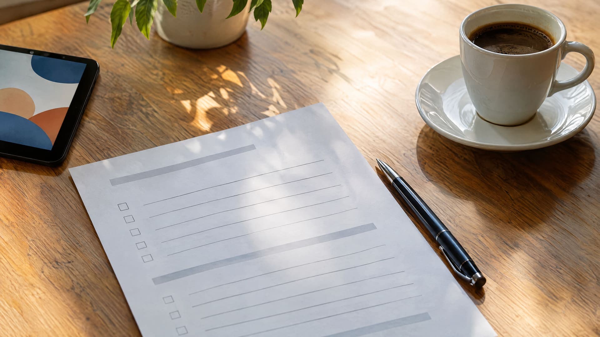 Ausgedruckter Fragebogen mit leeren Zeilen, ein Stift und eine Kaffeetasse auf einem Tisch, Schrift unleserlich