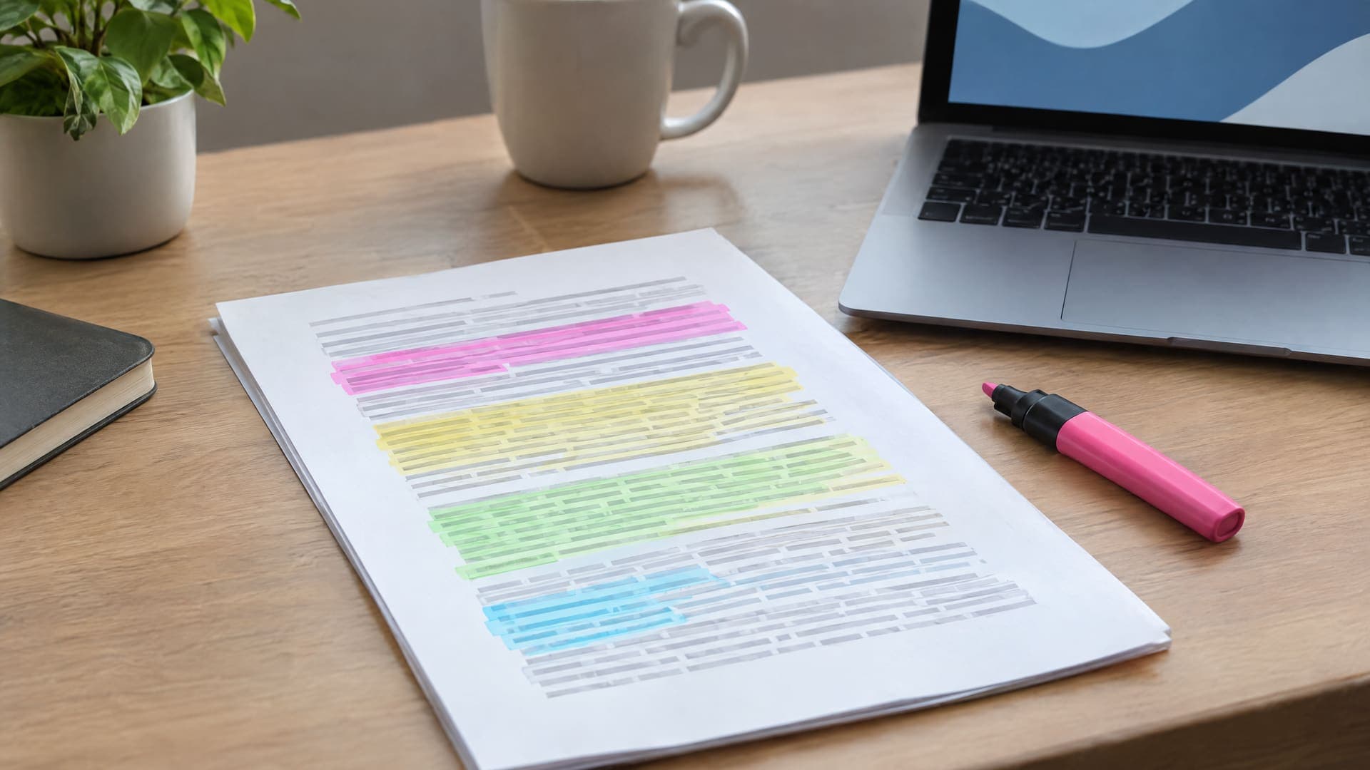 Ausgedruckter Text mit farbig markierten Absätzen und ein Textmarker auf einem Schreibtisch, Schrift unleserlich