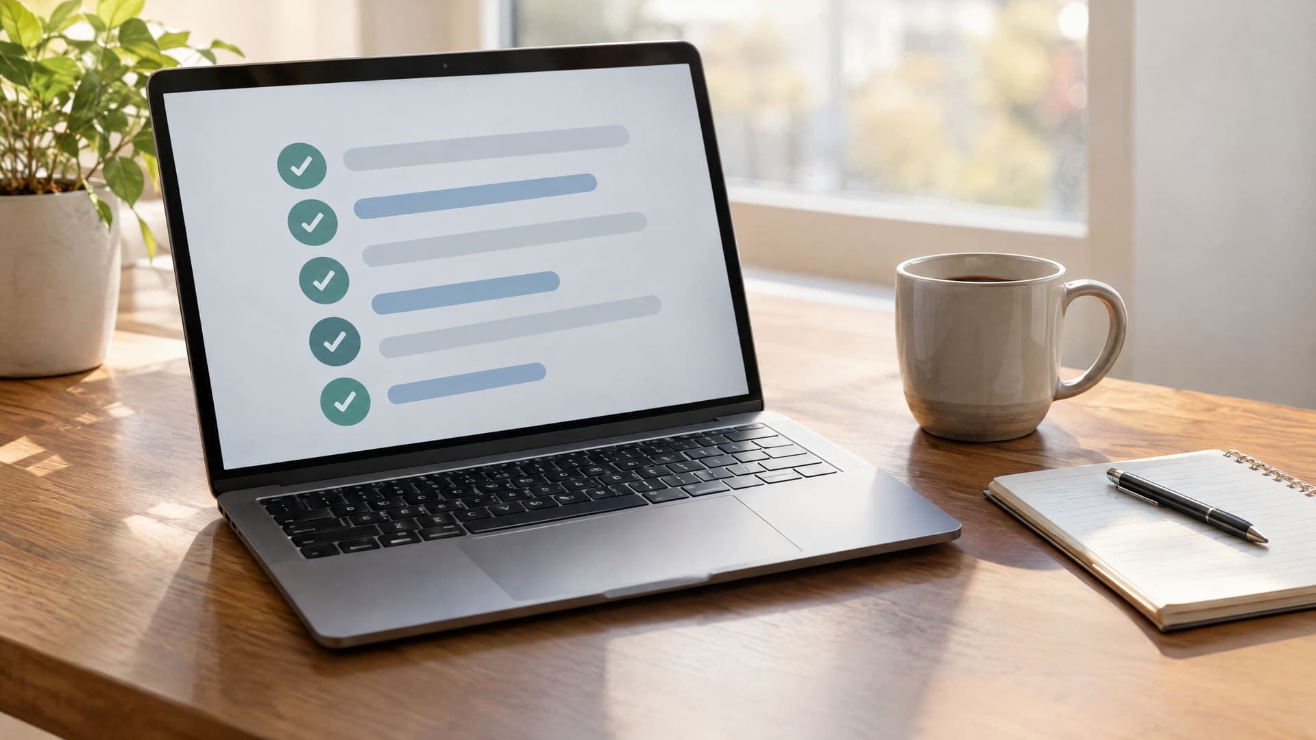 Laptop mit einer abstrakten Liste aus Zeilen mit Häkchen neben einer Tasse und einem Notizblock auf einem Schreibtisch, Text unleserlich