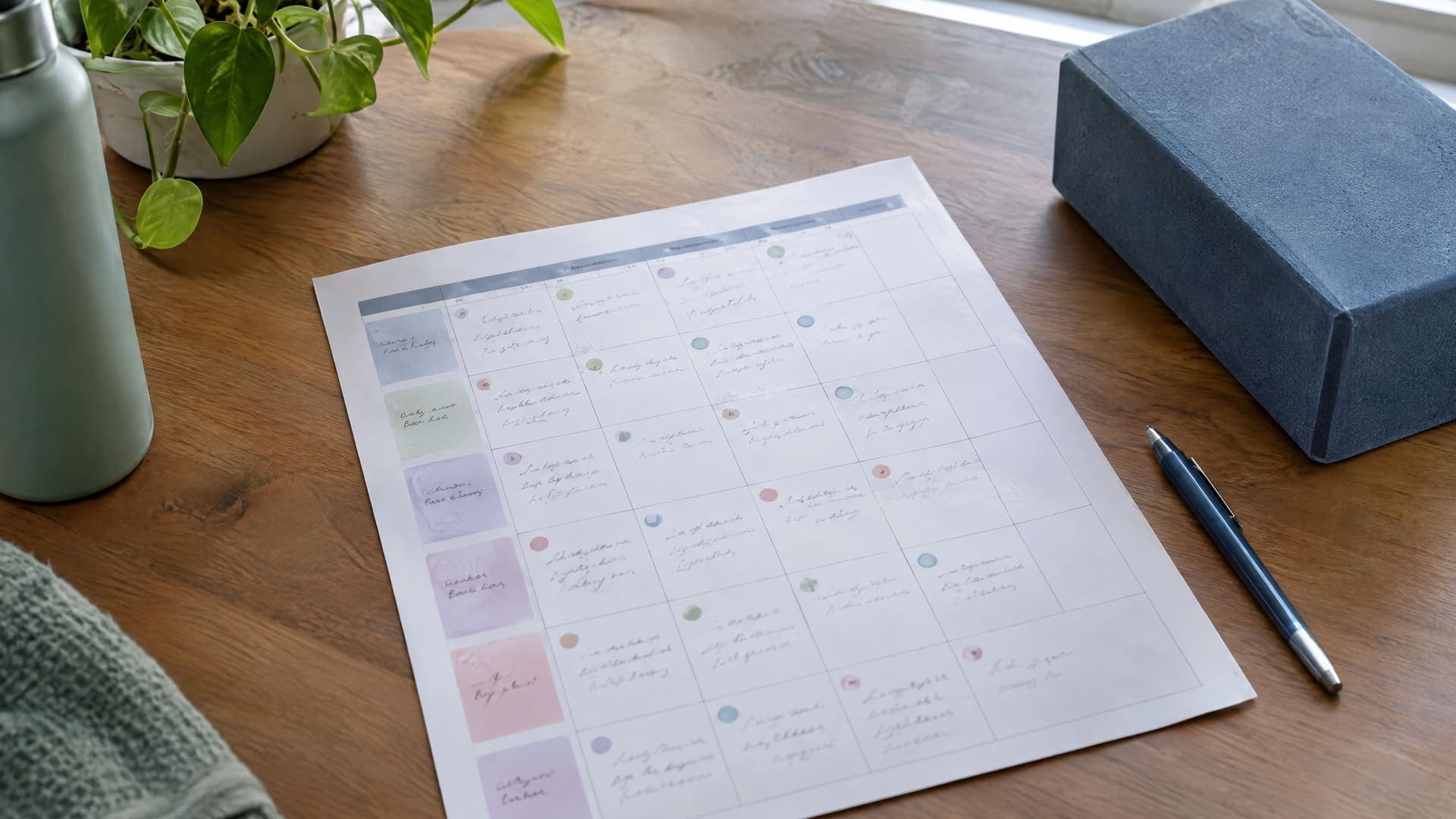 Ausgedruckter Kursplan als Kalender mit mehreren Terminen auf einem Holztisch, daneben ein Stift, ein blauer Yogablock und eine Trinkflasche