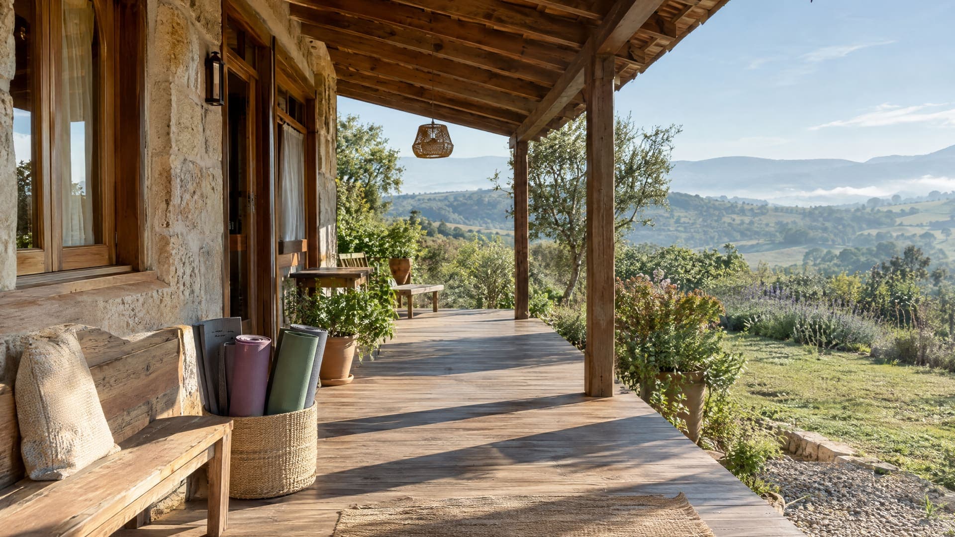 Veranda eines Landhauses aus Naturstein mit Blick auf grüne Hügel und einem Korb mit aufgerollten Yogamatten