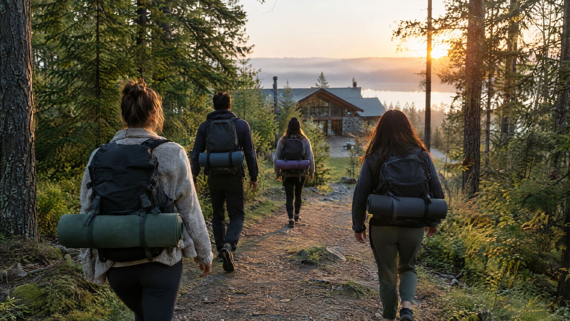 Gruppe mit Rucksäcken und Yogamatten wandert von hinten auf einem Waldweg im Abendlicht