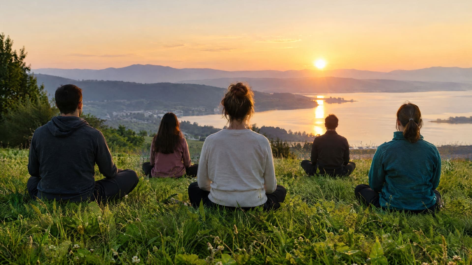 Eine kleine Gruppe sitzt von hinten auf einer Wiese und schaut bei Sonnenaufgang über einen See und Hügel, meditative Stimmung