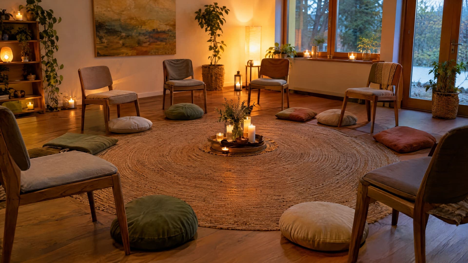Warm beleuchteter Workshop-Raum mit einem Kreis aus Stühlen, Kissen und Kerzen auf einem runden Teppich