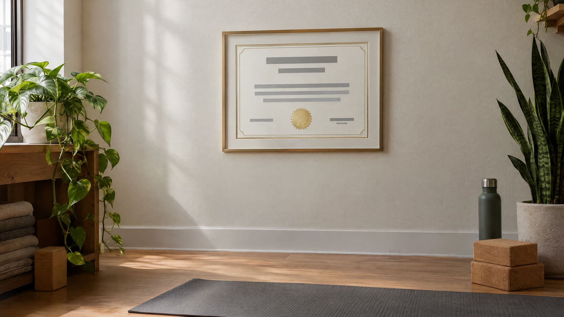 Gerahmtes Zertifikat aus grauen Balken an einer hellen Wand im Yogastudio, darunter eine Matte und Yogablöcke auf Holzboden, ohne lesbare Schrift