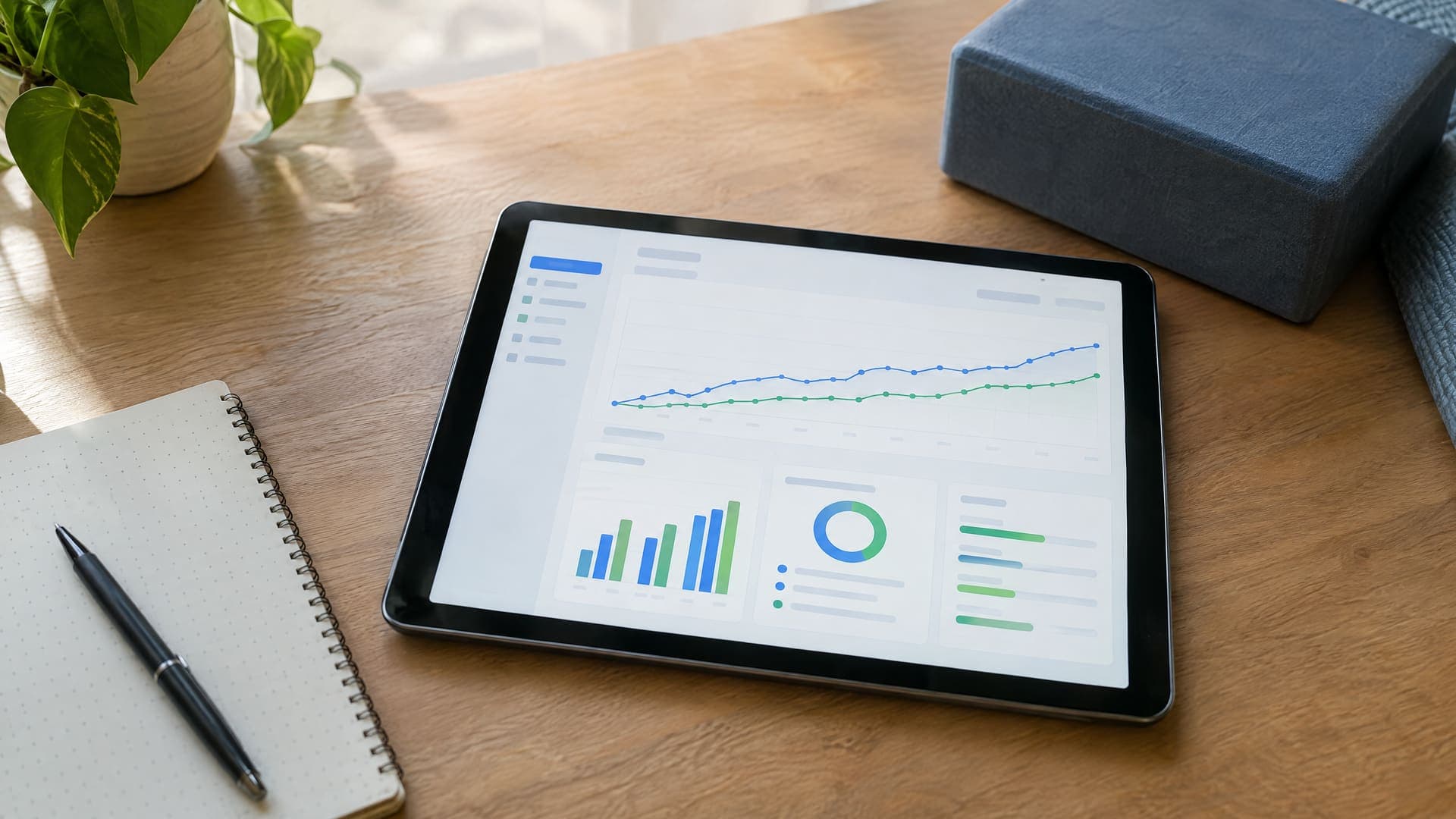 Tablet mit einem Dashboard aus Liniendiagramm, Balken und Ringdiagramm auf einem hellen Holztisch, daneben ein Notizbuch mit Stift und ein blauer Yogablock