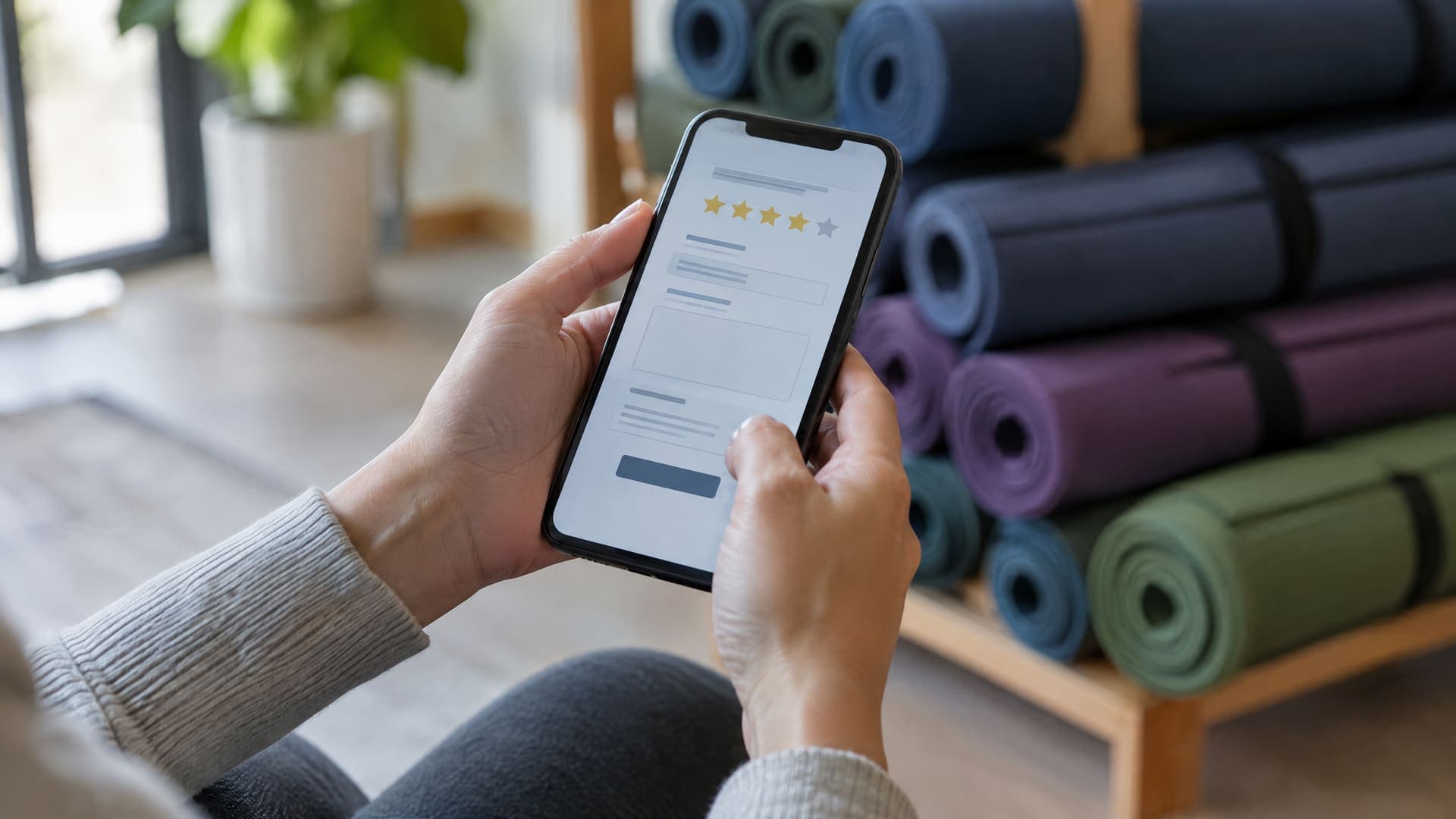 Hände halten ein Smartphone mit einem Bewertungsformular mit Sternen vor einem Regal mit aufgerollten bunten Yogamatten