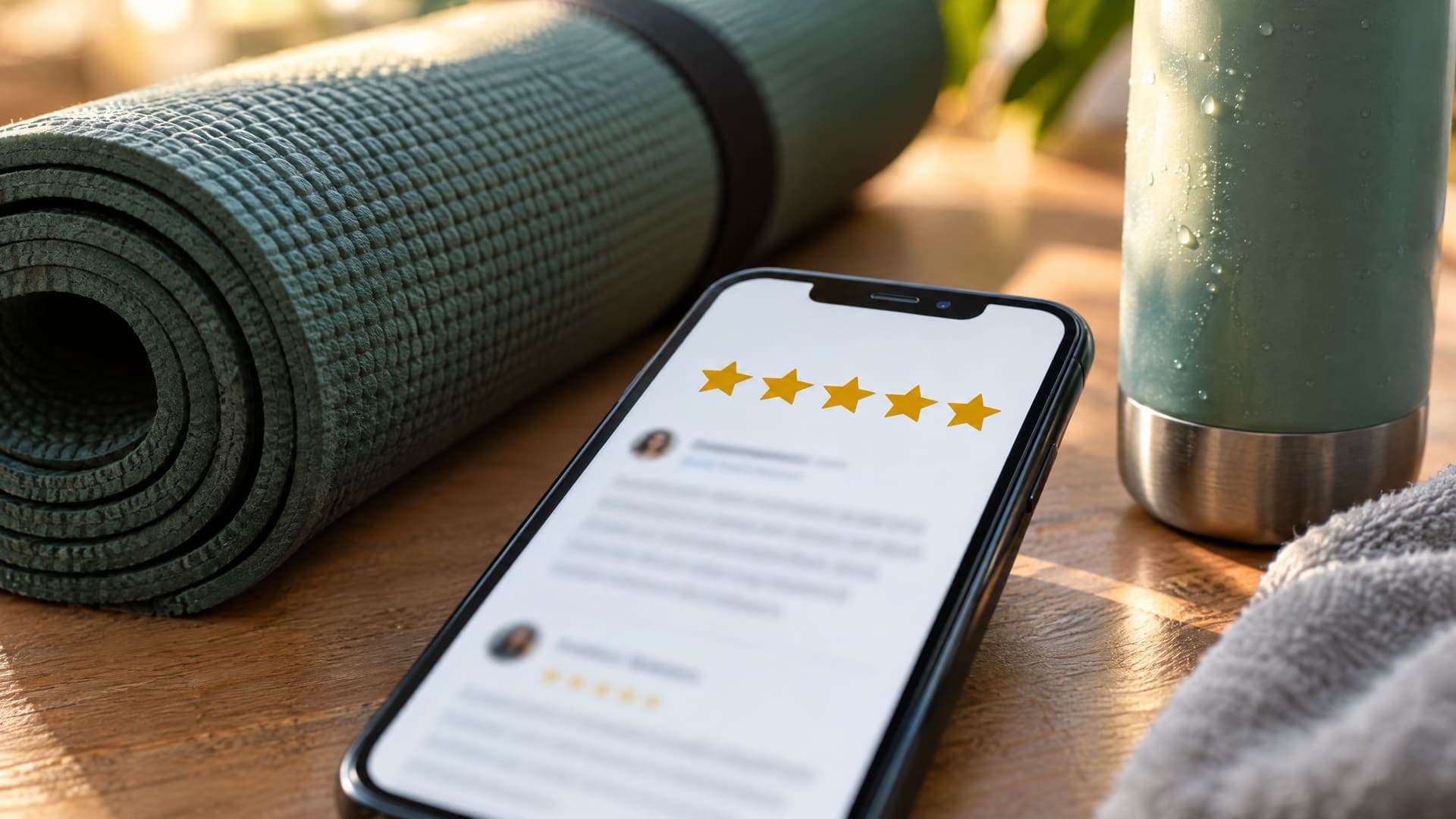 Smartphone mit fünf goldenen Sternen einer Bewertung neben einer gerollten grünen Yogamatte und einer Trinkflasche auf einem Holzboden