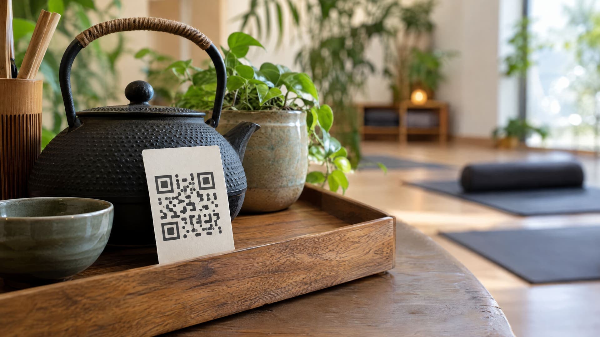 Kleine Karte mit abstraktem QR-Code auf einem Holztablett neben einer Teekanne und einer Schale, im Hintergrund ein Yogaraum