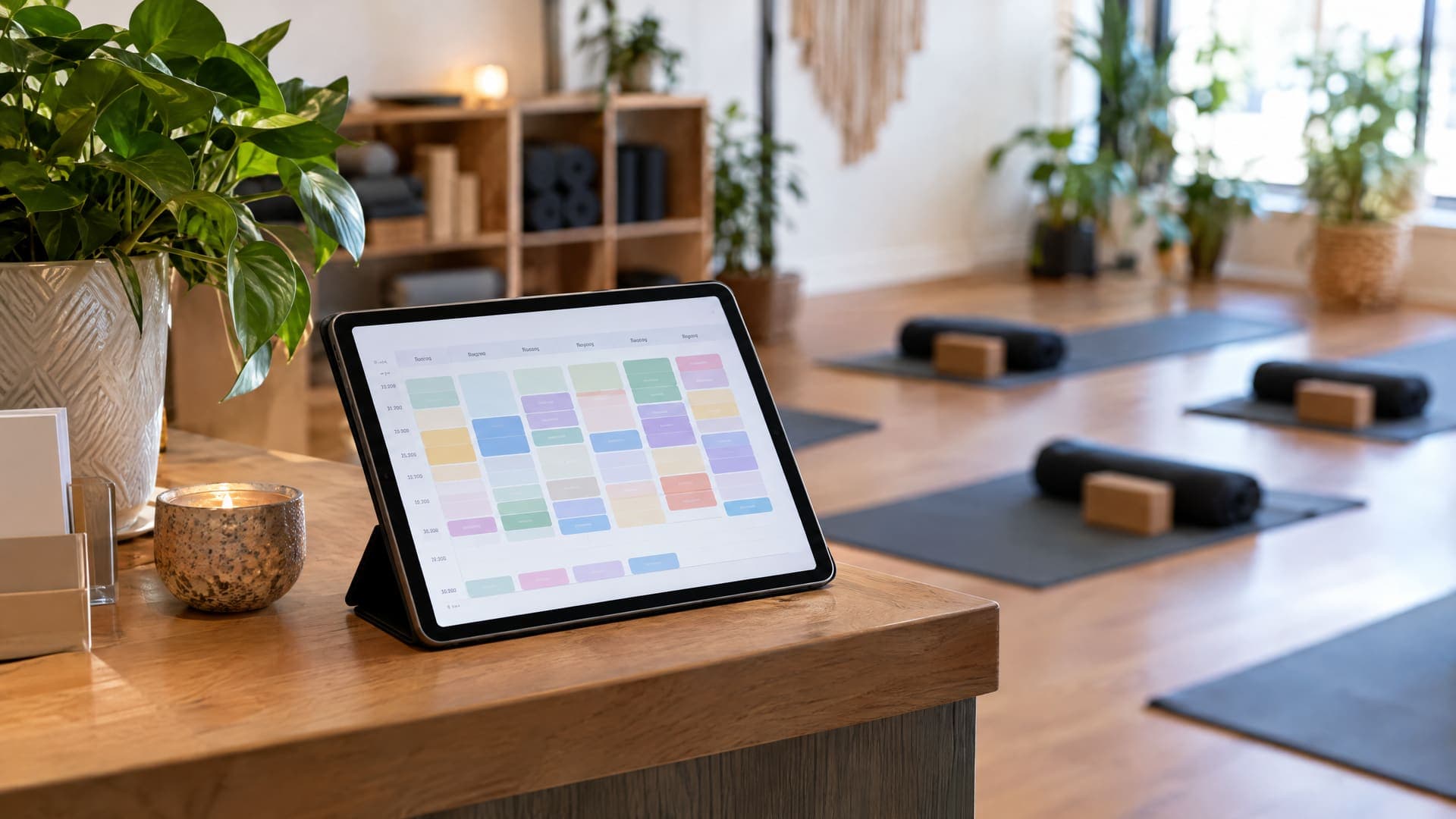 Tablet auf einem Holzregal im Eingangsbereich mit einem bunten Wochenplan, Yogablöcke und Matten im Hintergrund