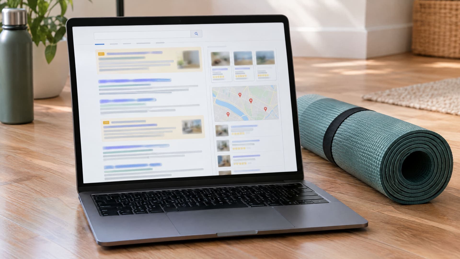 Laptop mit einer Google-Suchergebnisseite mit Anzeigen oben und Karte rechts, daneben eine gerollte grüne Matte und eine Trinkflasche