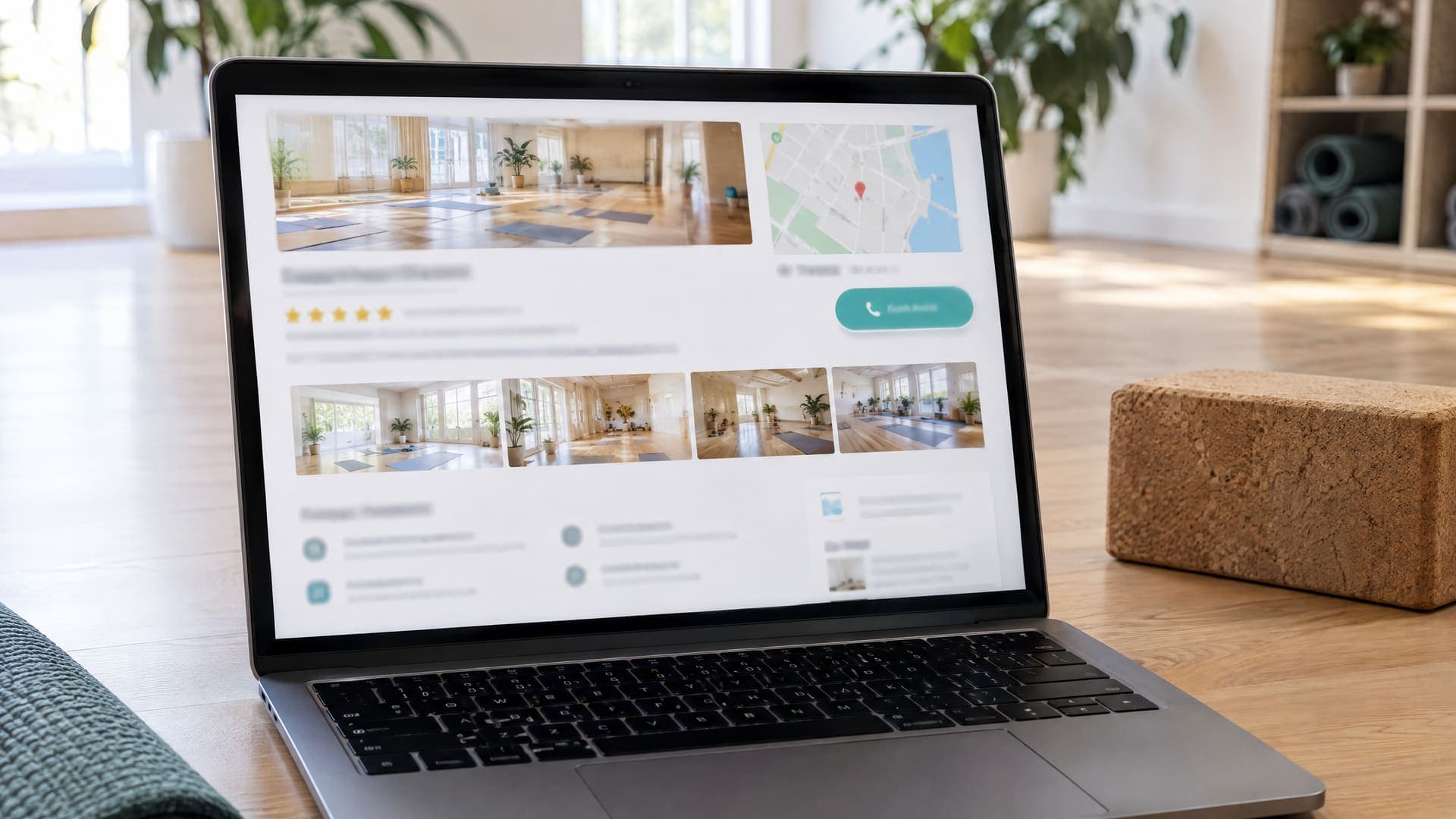 Laptop mit Unternehmensprofil aus Kartenausschnitt, Fotostreifen heller Yogaräume, goldenen Sternen und Anruf-Button, Text unleserlich, daneben ein Korkblock
