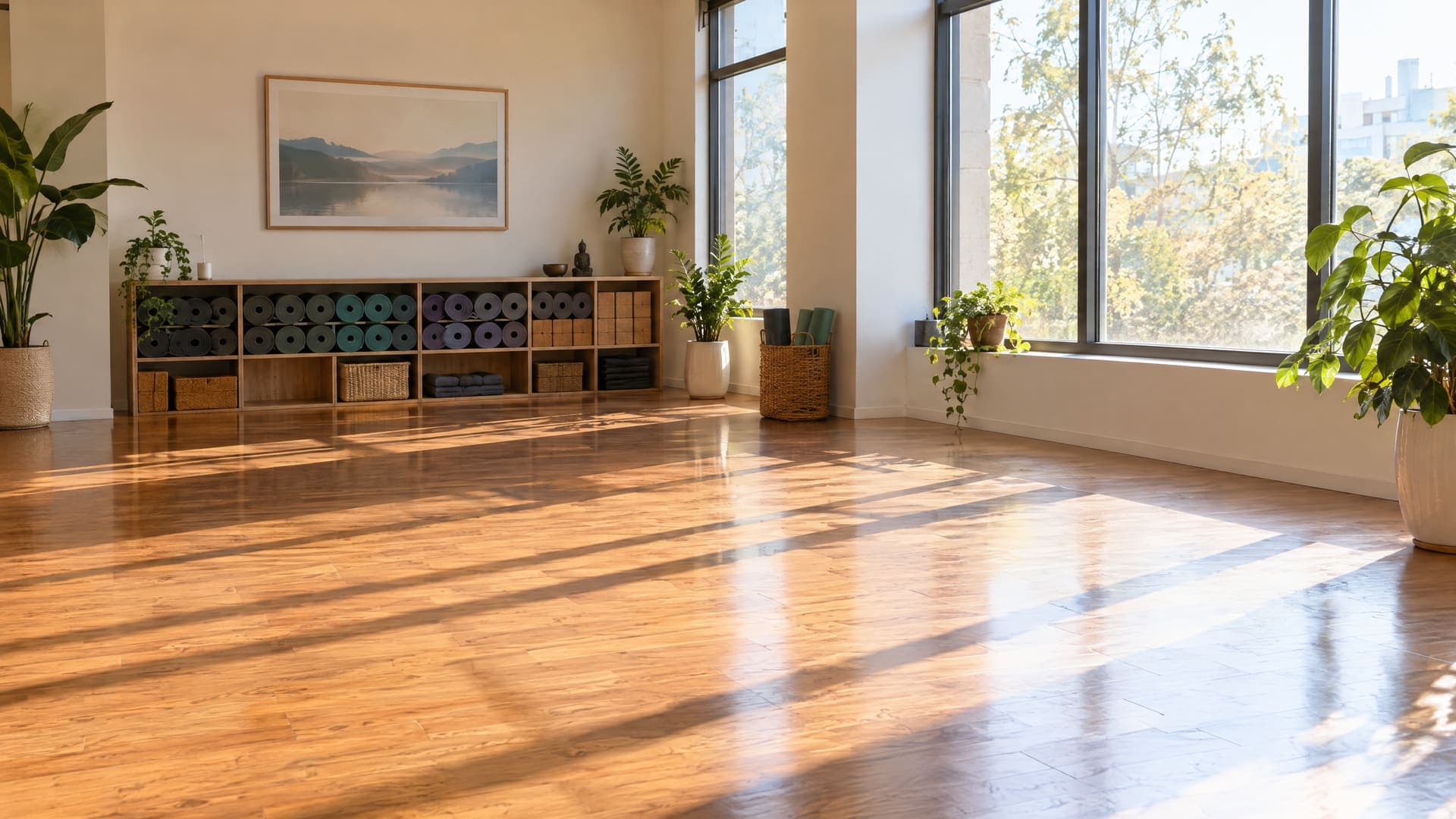 Heller Yogaraum mit Holzboden, großen Fenstern mit Morgenlicht, einem Regal mit gerollten Matten und mehreren Pflanzen, keine Personen