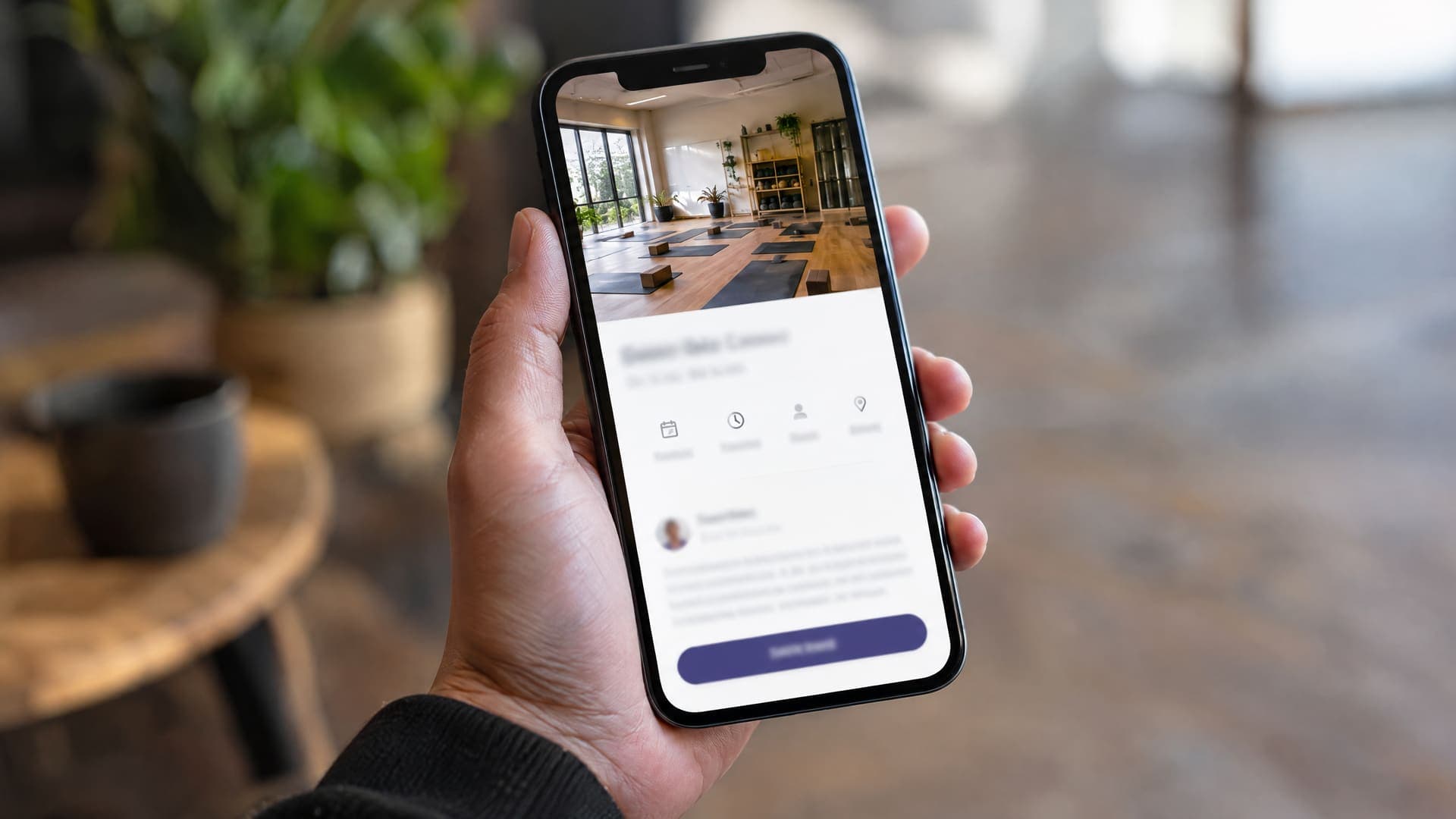 Hände halten ein Smartphone mit einer Kursbuchungsseite, oben ein Foto eines Yogastudios, unten ein Button zur Buchung