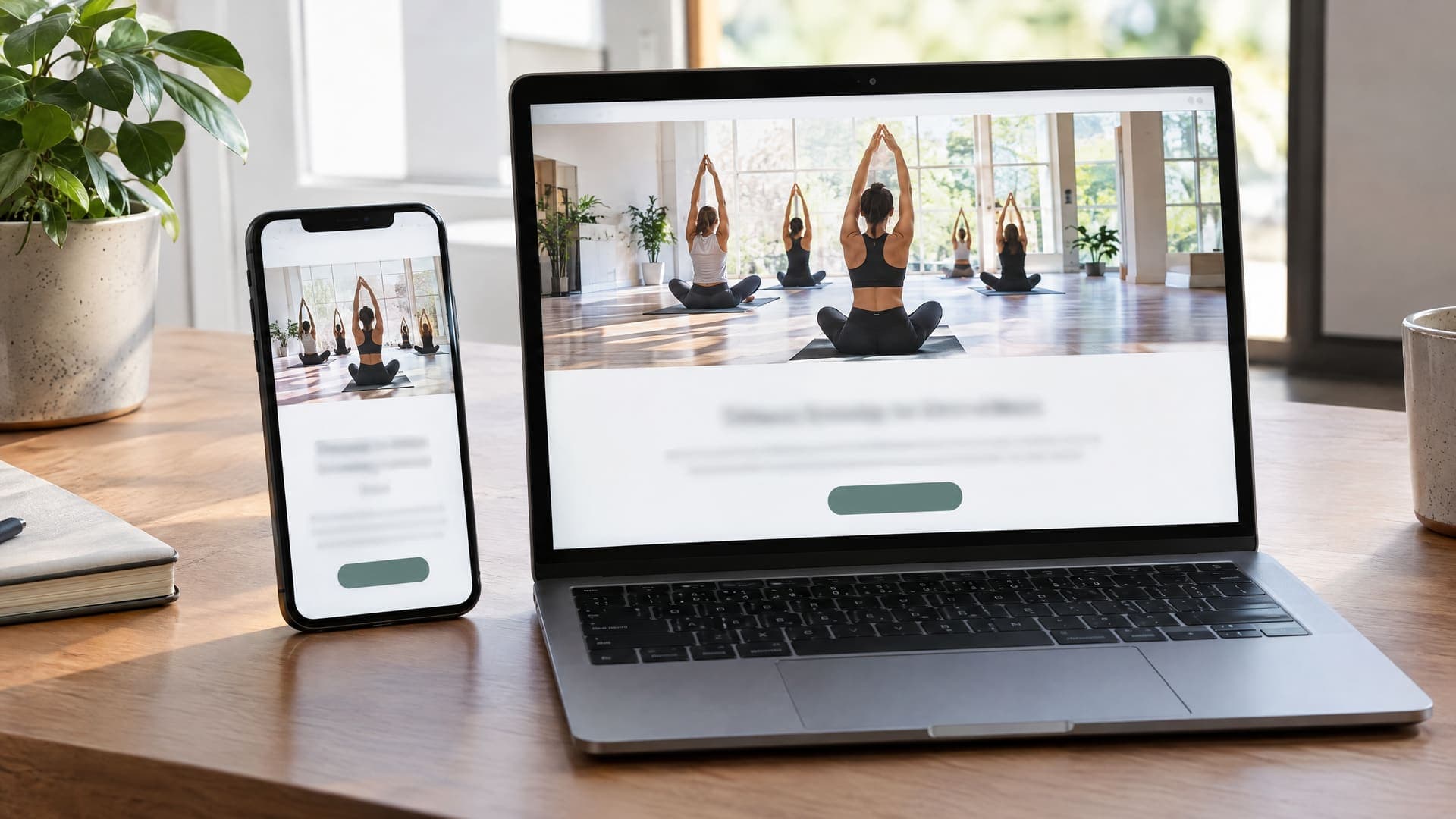 Smartphone und Laptop mit derselben Landingpage eines Yogastudios mit Foto einer Yogagruppe und Buchungsbutton auf einem hellen Tisch mit Pflanze