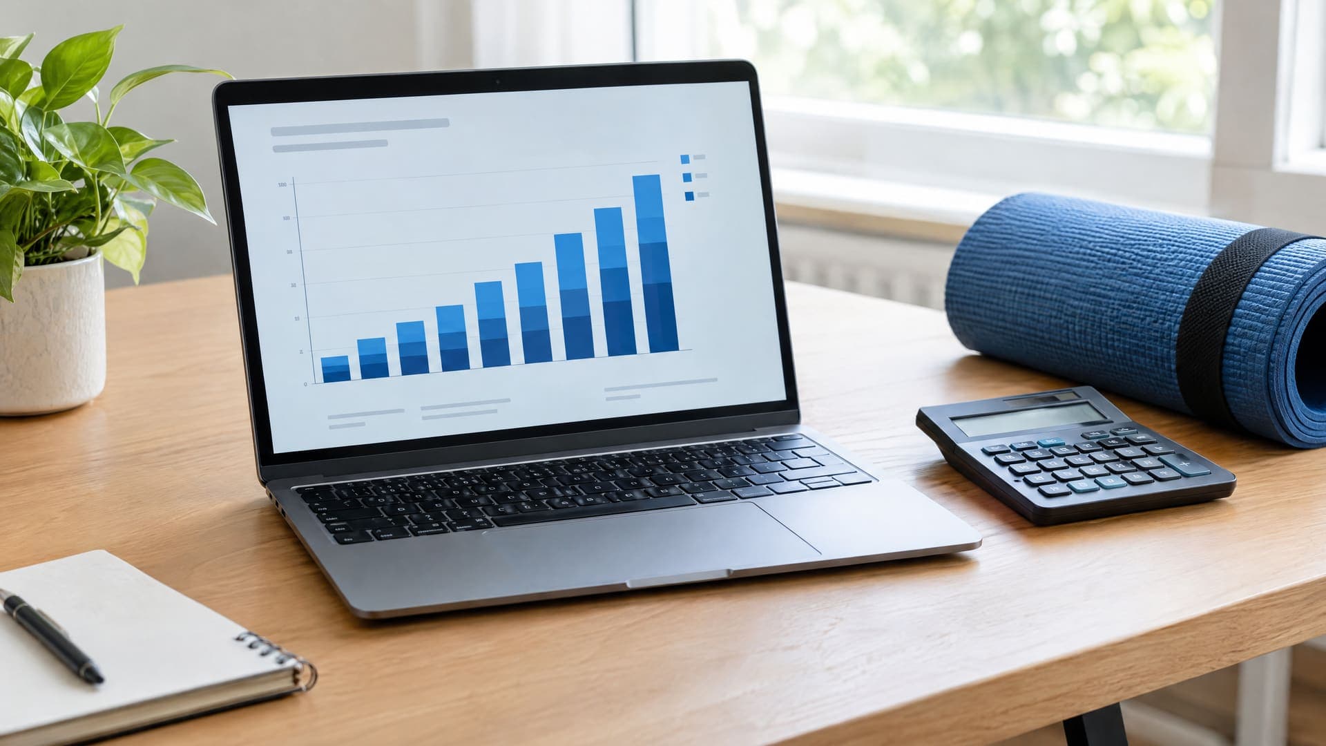 Laptop mit einem Diagramm aus ansteigenden blauen Balken für Mitglieder, daneben ein Taschenrechner und eine blaue Yogamatte