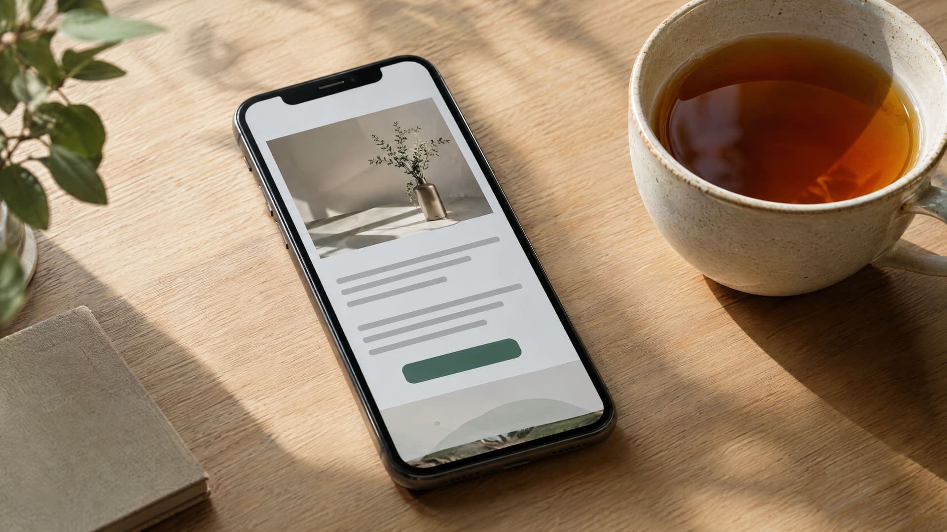 Smartphone mit einer Newsletter-Nachricht mit Foto eines Zweigs auf einem Holztisch, daneben eine Tasse Tee und ein Notizbuch
