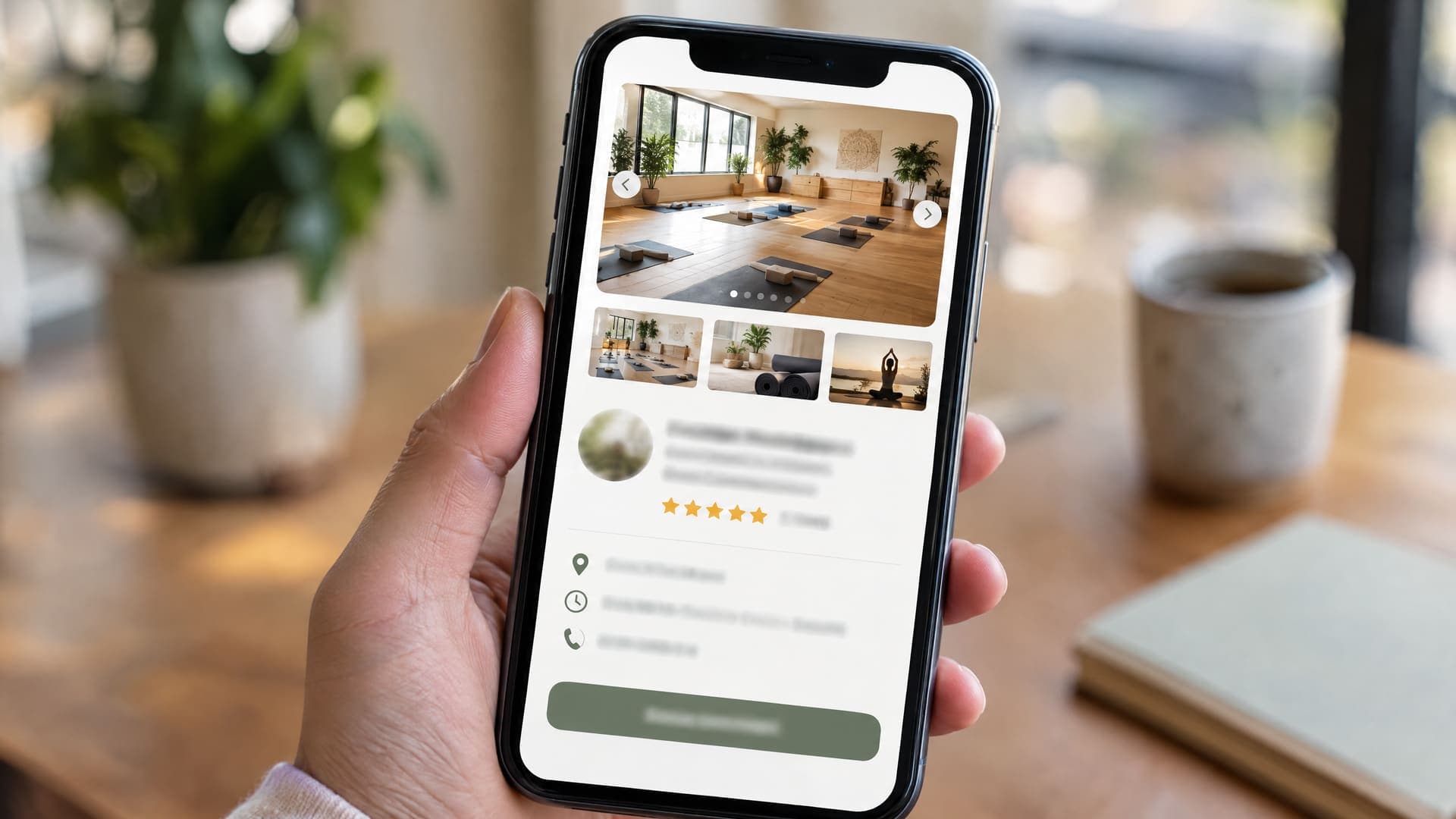 Hand hält ein Smartphone mit Unternehmensprofil, Foto-Karussell eines hellen Yogastudios und goldenen Sternen, im Hintergrund unscharf Matten und eine Teetasse