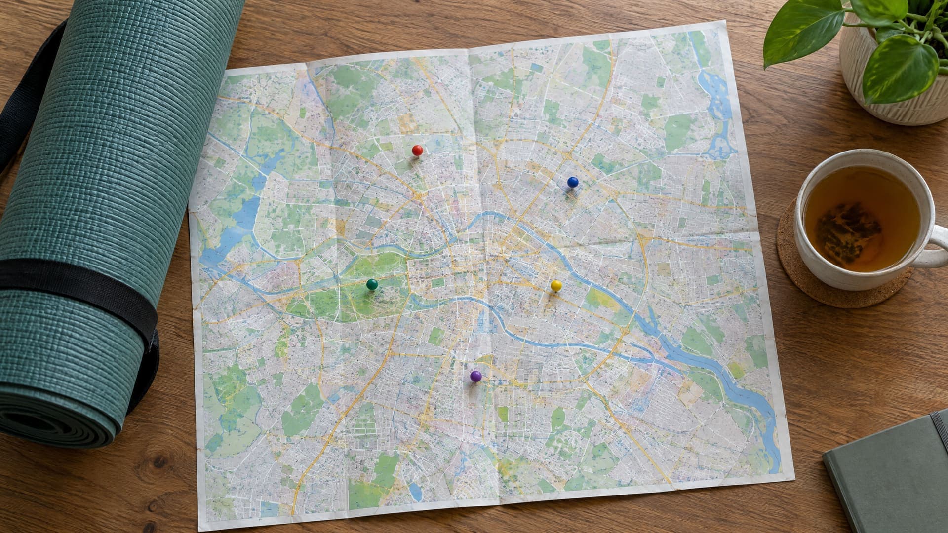 Aufgefalteter Stadtplan von Berlin mit bunten Stecknadeln, daneben eine gerollte grüne Matte, ein Block und eine Tasse Tee auf einem Holztisch