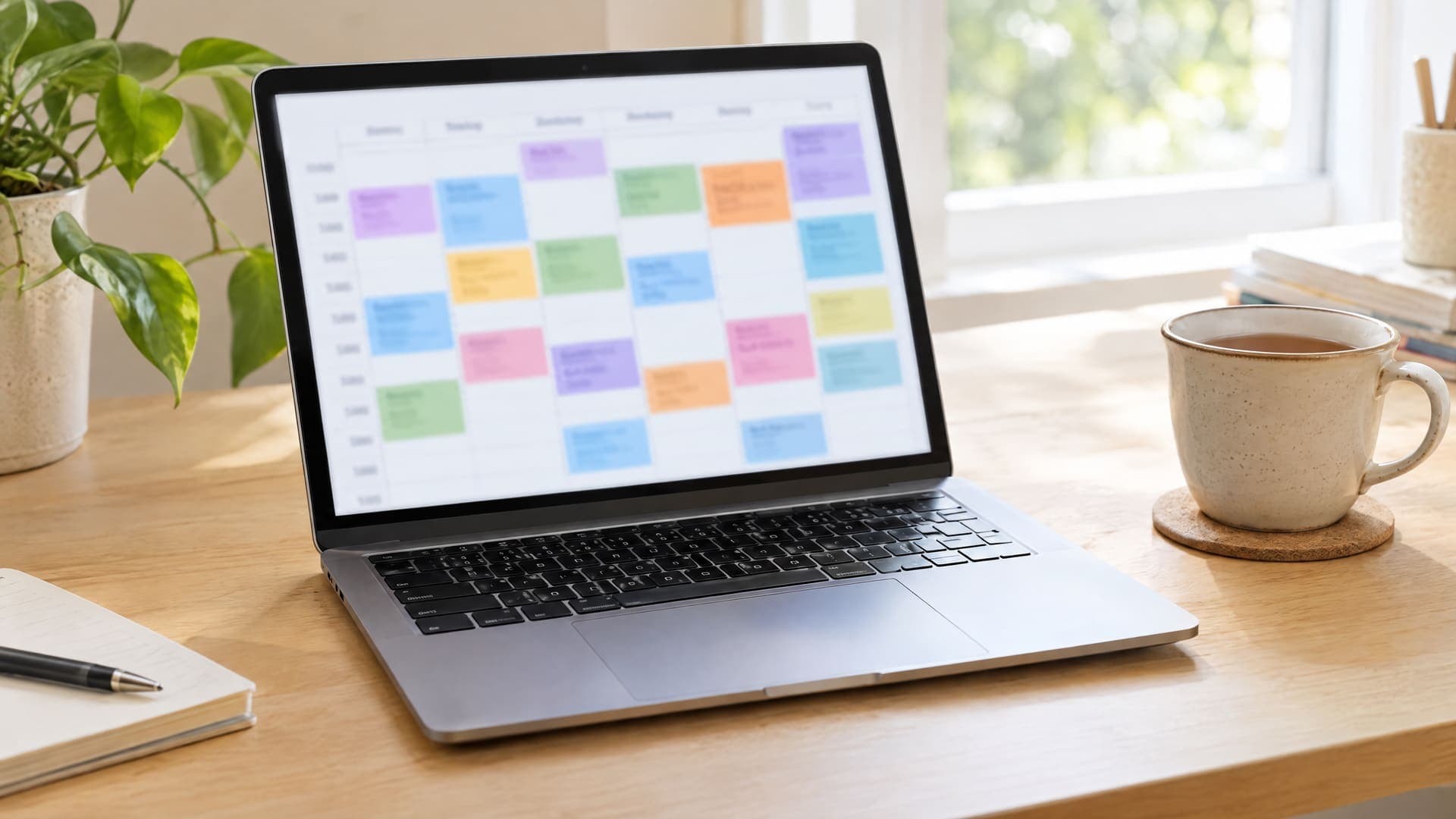 Laptop mit einem Stundenplan aus bunten Farbblöcken auf einem Holztisch, daneben eine Tasse Tee, Pflanzen und ein Notizbuch