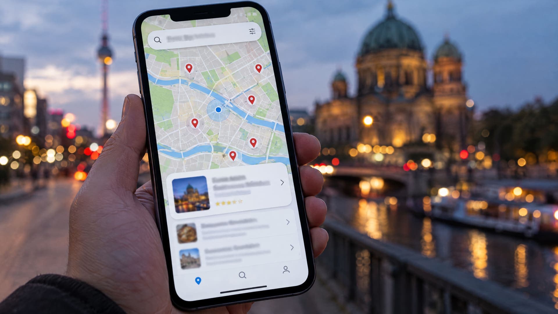 Hand hält ein Smartphone mit Kartensuche und mehreren roten Markierungen, im Hintergrund unscharf das Berliner Stadtbild am Abend mit Fernsehturm und Dom
