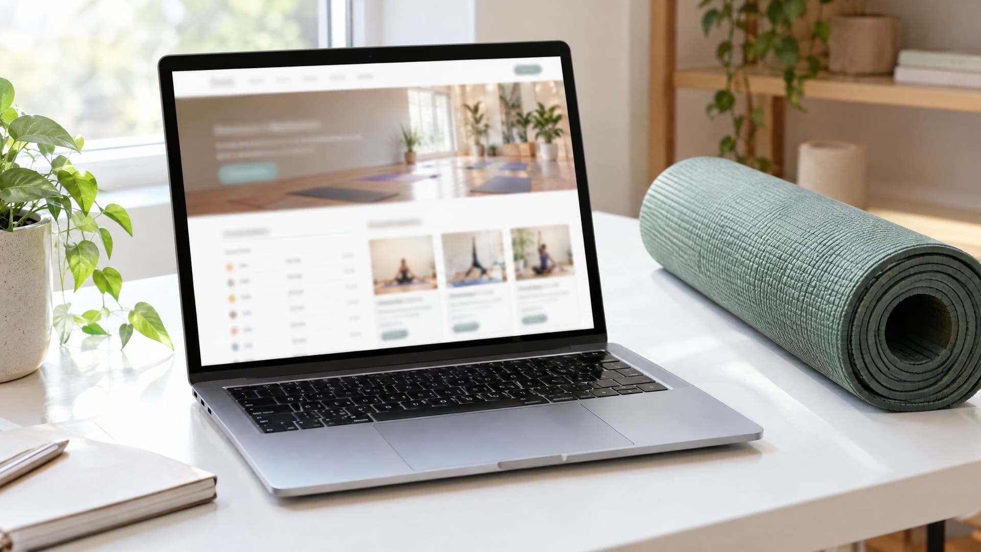 Laptop mit der Website eines Yogastudios mit Kursliste und Fotos von Yogahaltungen, daneben eine gerollte grüne Matte und eine Pflanze