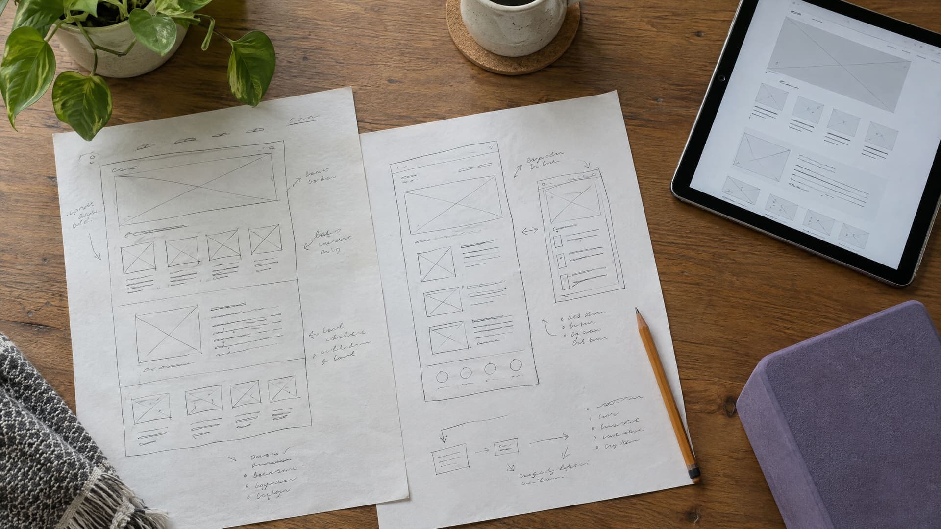 Handgezeichnete Wireframe-Skizzen einer Website auf Papier neben einem Tablet mit grauem Layout und einem lila Yogablock