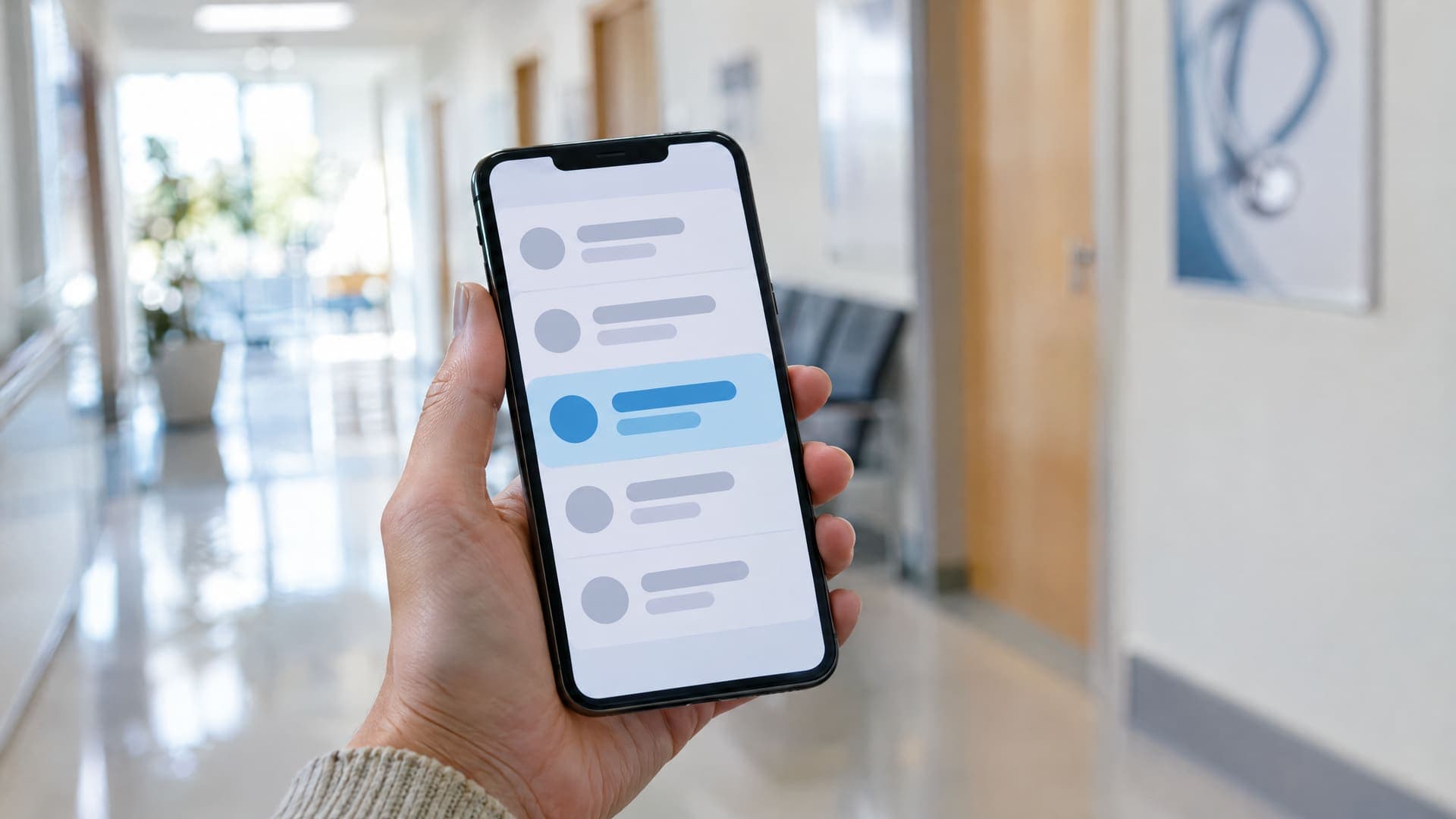Hand hält ein Smartphone mit einer abstrakten Ergebnisliste, in der ein Eintrag farbig hervorgehoben ist, im Hintergrund unscharf ein Praxisflur, Gesicht nicht sichtbar
