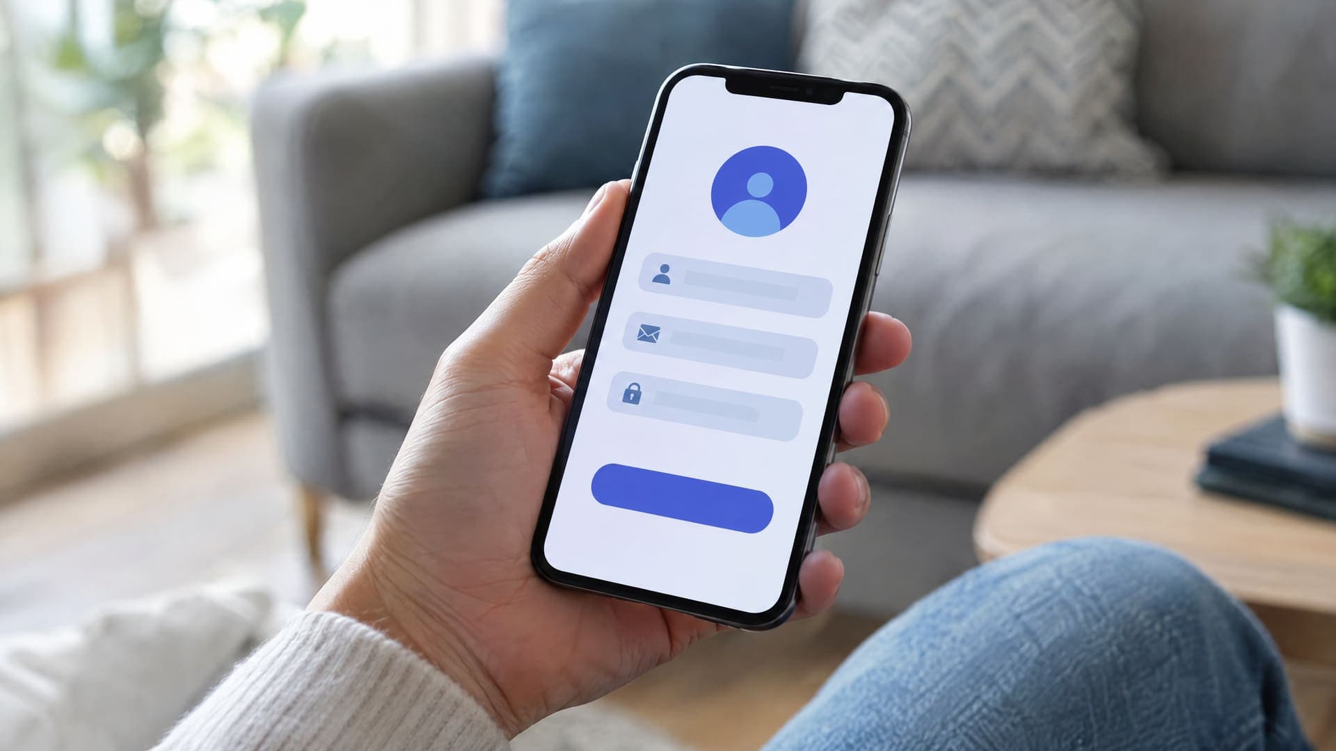 Hand hält ein Smartphone mit einem kurzen abstrakten Bewerbungsformular aus drei Feldern und einer Schaltfläche, im Hintergrund unscharf ein Sofa, Gesicht nicht sichtbar
