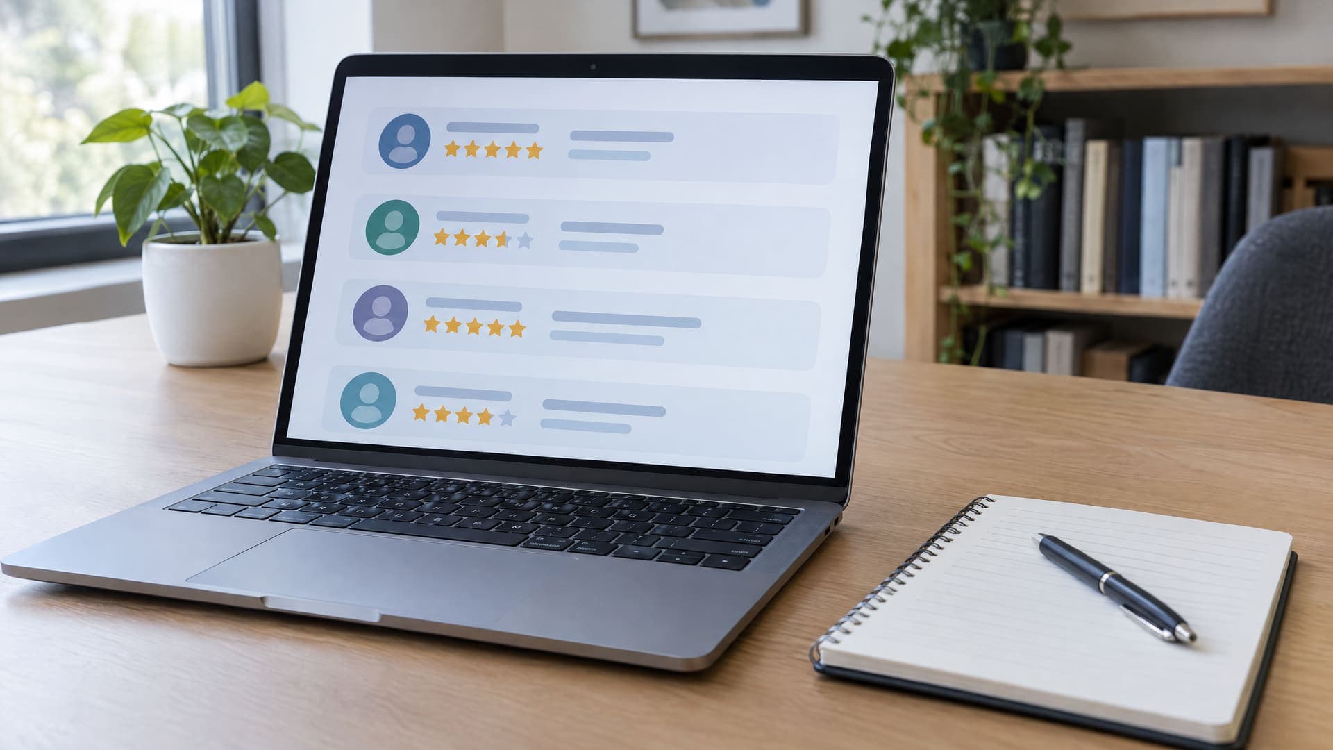 Laptop mit einer abstrakten Liste von Bewertungen mit Sternen neben Notizblock und Stift im Praxisbüro, Text unleserlich