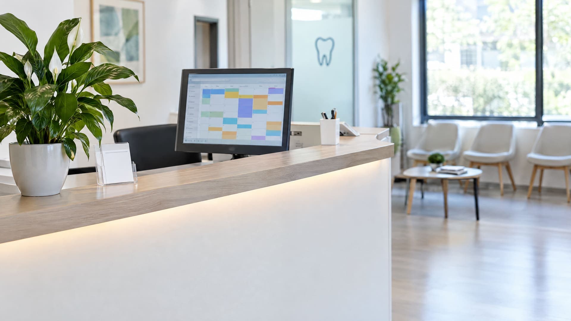 Leerer Empfangstresen einer Zahnarztpraxis mit Pflanze und einem Monitor mit abstraktem Terminkalender, im Hintergrund ein unscharfer Wartebereich, keine Personen