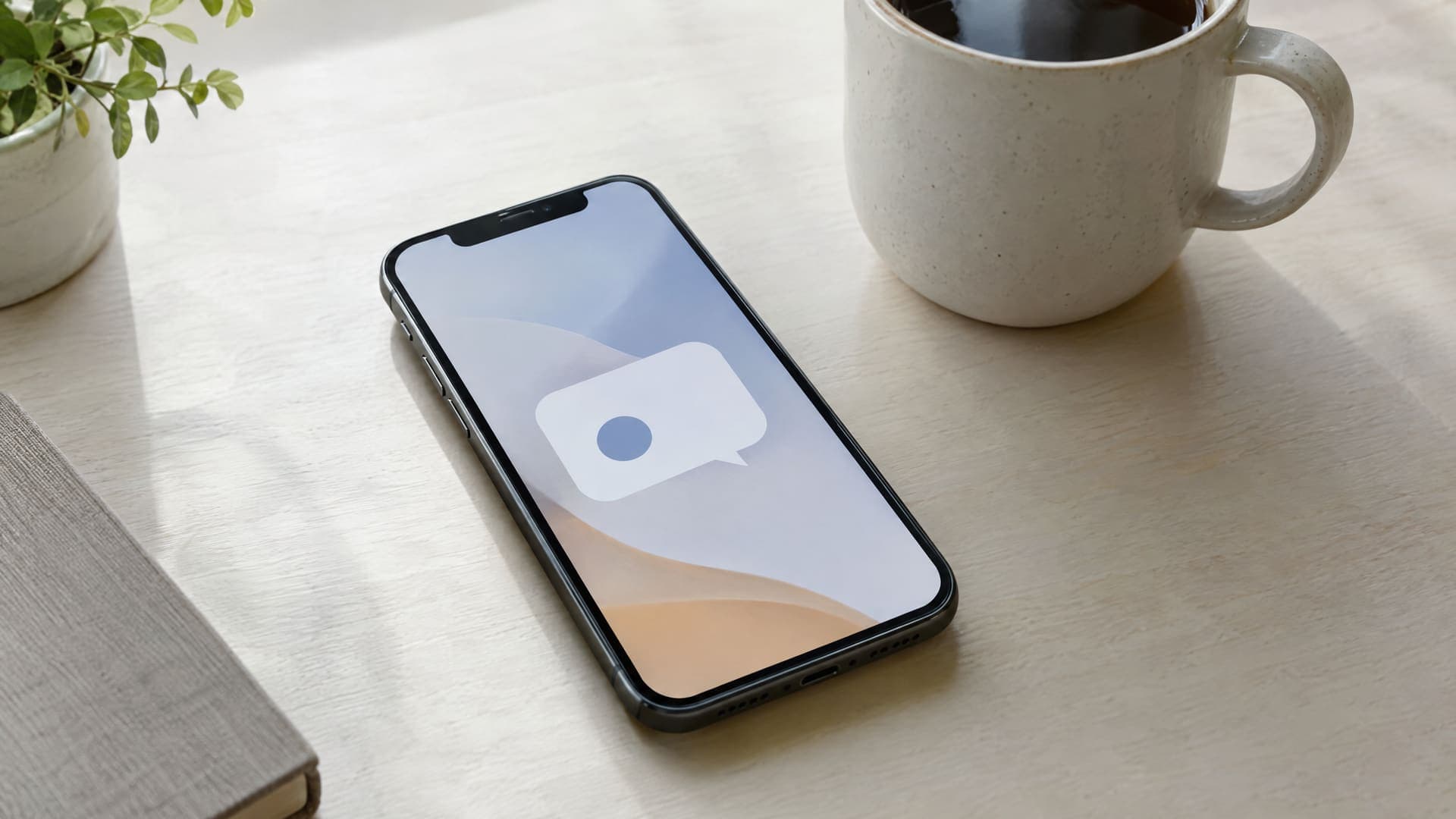 Smartphone liegt auf einem hellen Tisch mit einer abstrakten Benachrichtigung auf dem Bildschirm, daneben eine Tasse, keine Personen